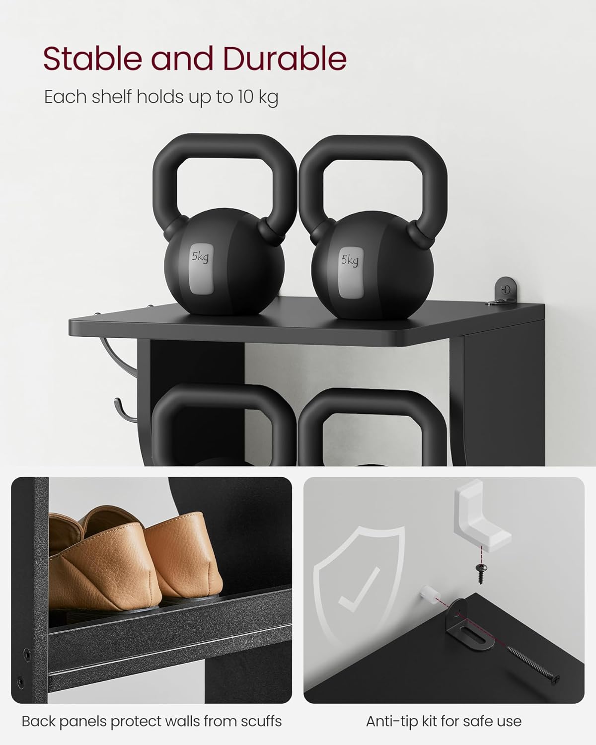 Svart skohylla i trä med 7 nivåer, 2 krokar, 30 × 26,4 × 110,4 cm