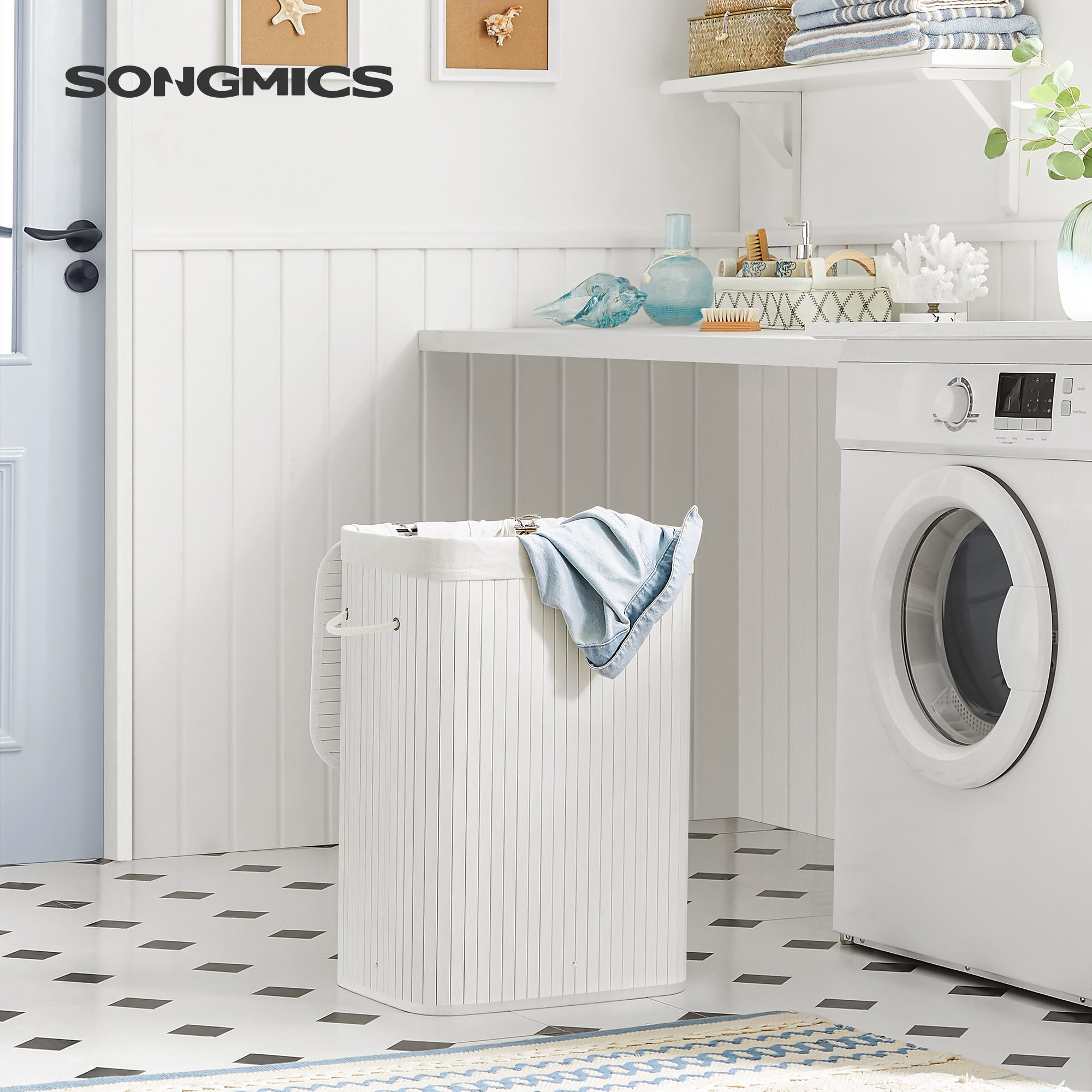 Vit bambu tvättkorg 72 L med avtagbar och tvättbar innerpåse