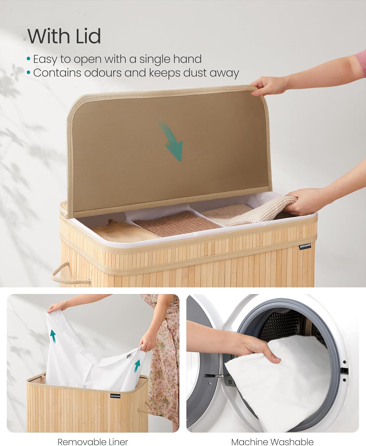 Bambu tvättkorg med lock, 150 L, ek, tvättbar påse med bärhandtag