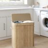 Tvättkorg 100 L i bambu med lock och avtagbar tvättpåse med handtag, ek