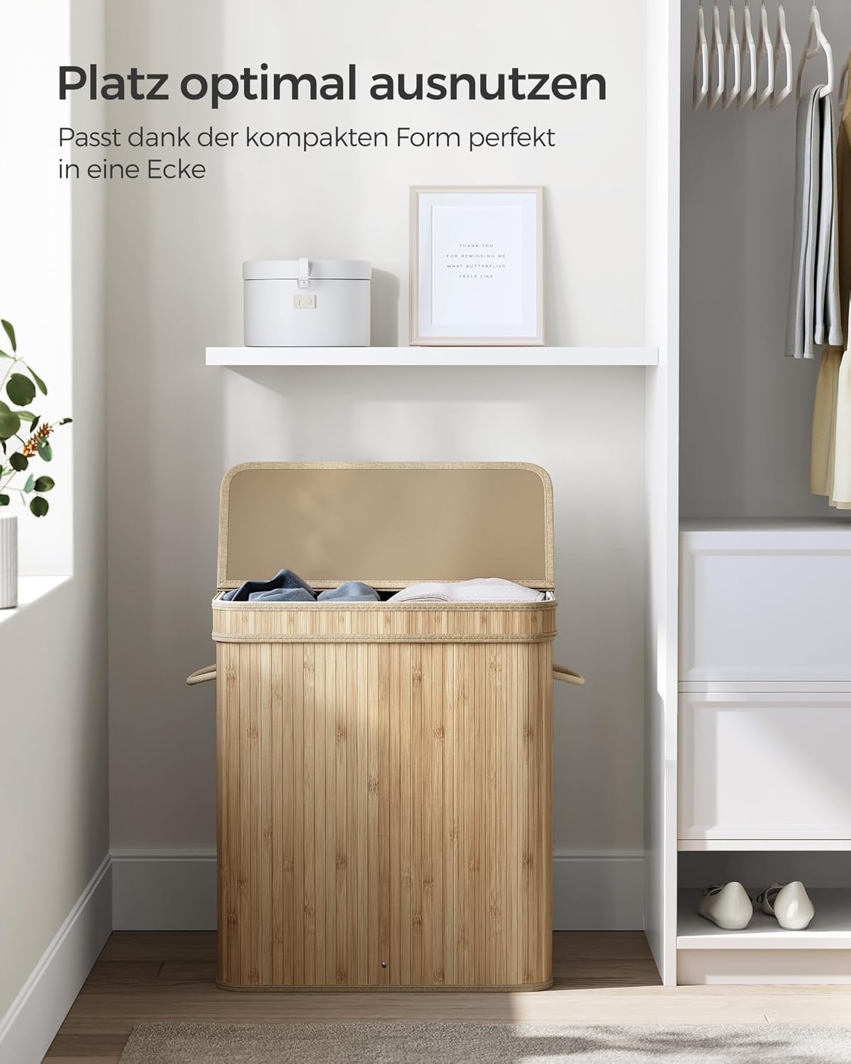 Tvättkorg 100 L i bambu med lock och avtagbar tvättpåse med handtag, ek