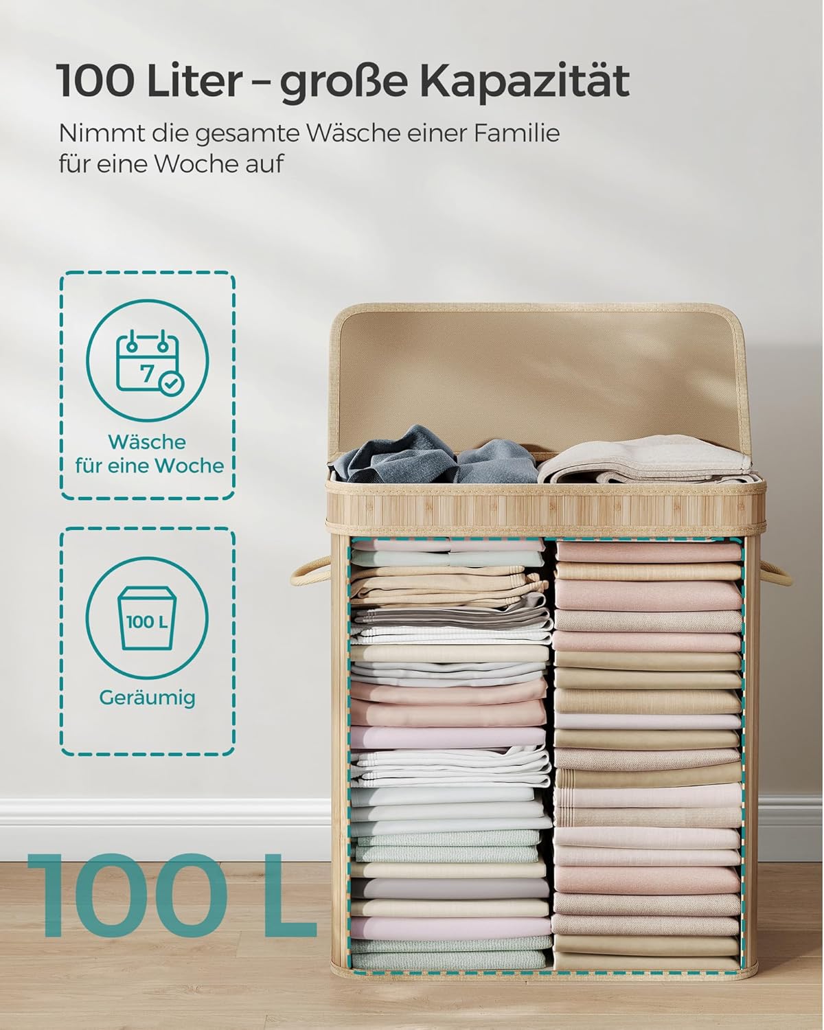 Tvättkorg 100 L i bambu med lock och avtagbar tvättpåse med handtag, ek