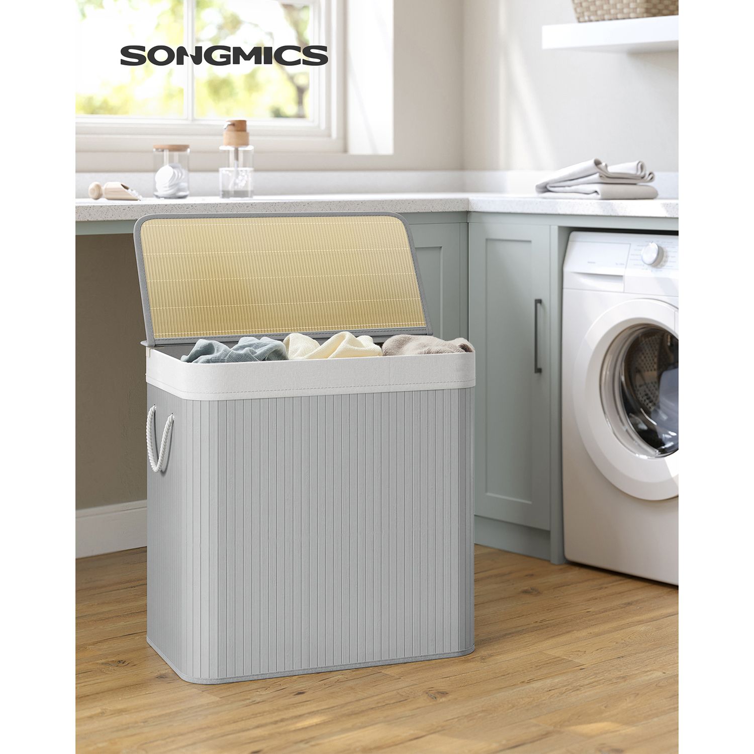 Grå tvättkorg i bambu, 150 L, 3-fackssortering, avtagbar påse, med lock