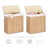 Naturlig tvättkorg i bambu, 150 L, 3-fackssortering, tvättbar påse, med lock