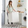 Vit tvättkorg i bambu, 150 L, 3-fackssortering, avtagbar påse, med lock