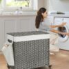Tvättkorg med 3 fack – 140 L, grå, på hjul med lock och handtag