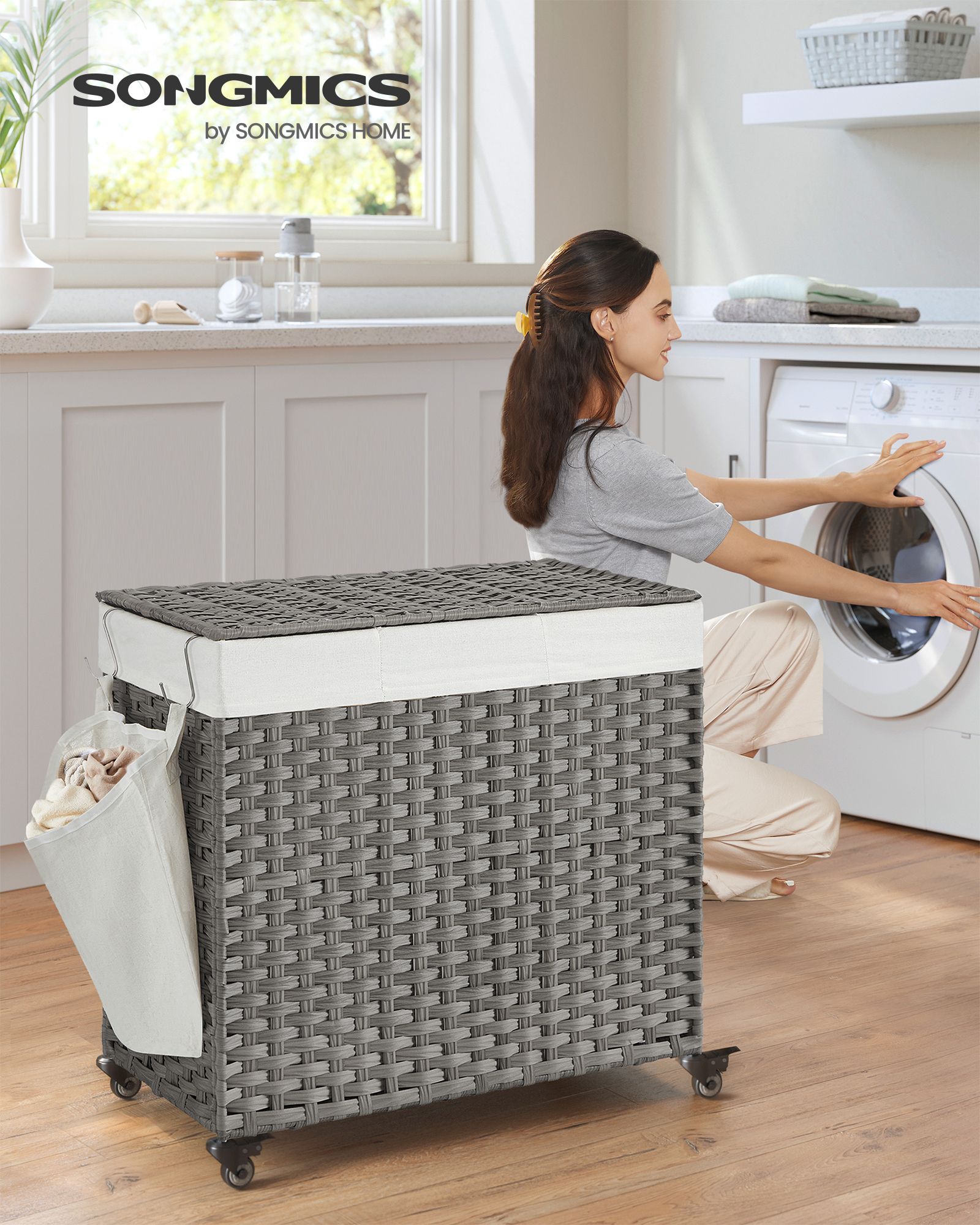 Tvättkorg med 3 fack – 140 L, grå, på hjul med lock och handtag