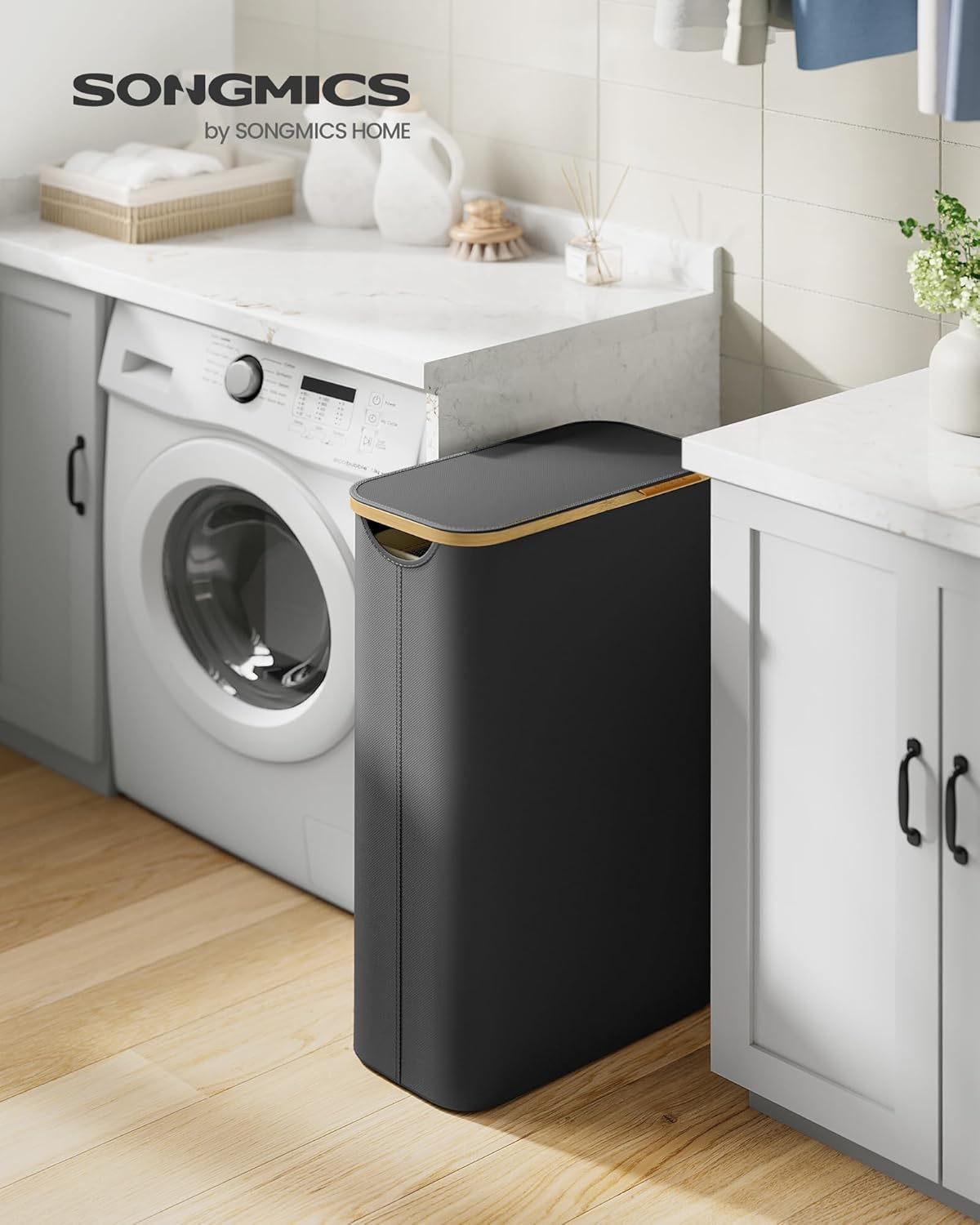 Svart tvättkorg 65 L med lock och innerpåse – 42 × 22,5 × 70,5 cm