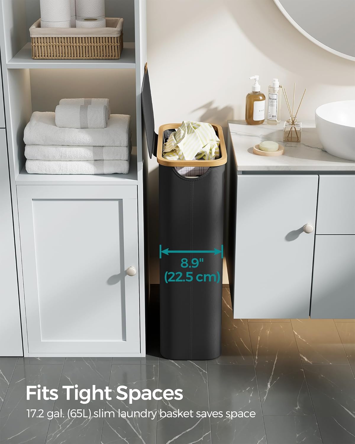 Svart tvättkorg 65 L med lock och innerpåse – 42 × 22,5 × 70,5 cm