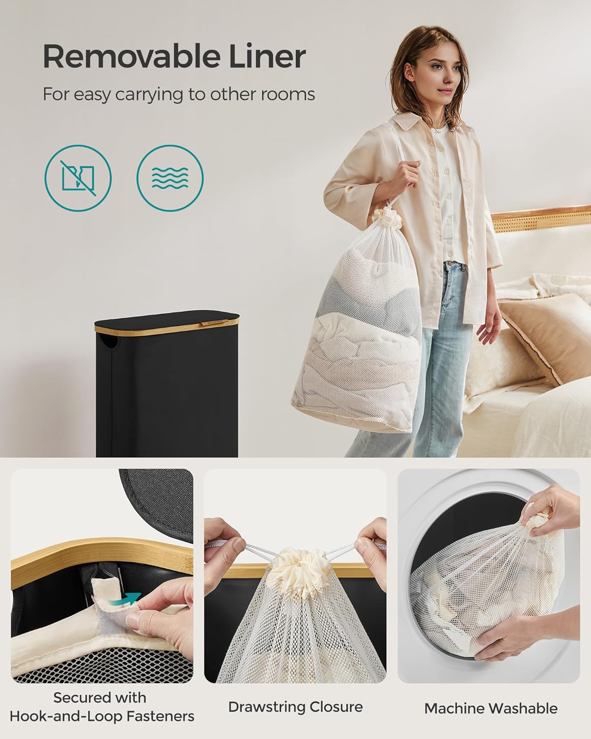 Svart tvättkorg 65 L med lock och innerpåse – 42 × 22,5 × 70,5 cm