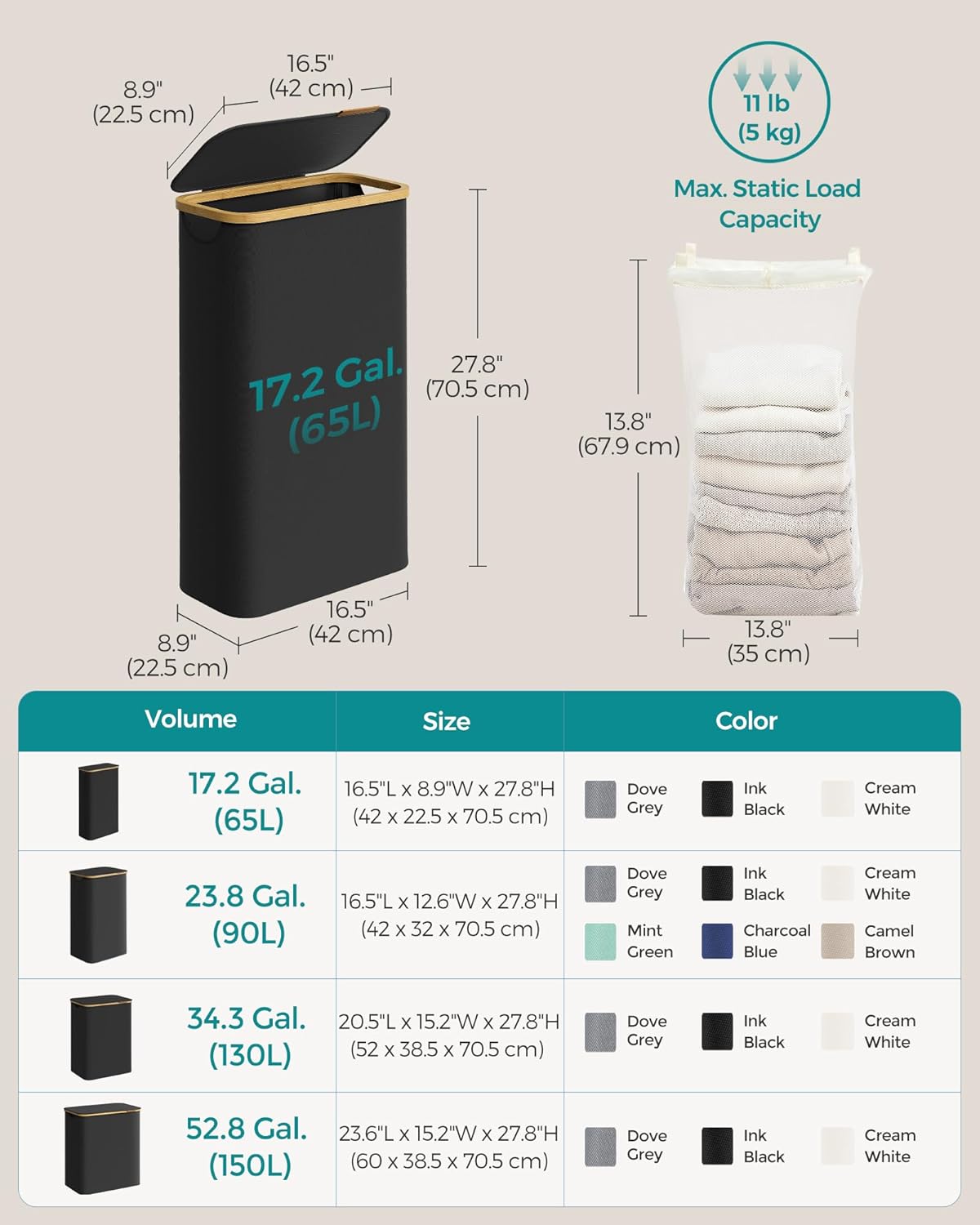 Svart tvättkorg 65 L med lock och innerpåse – 42 × 22,5 × 70,5 cm