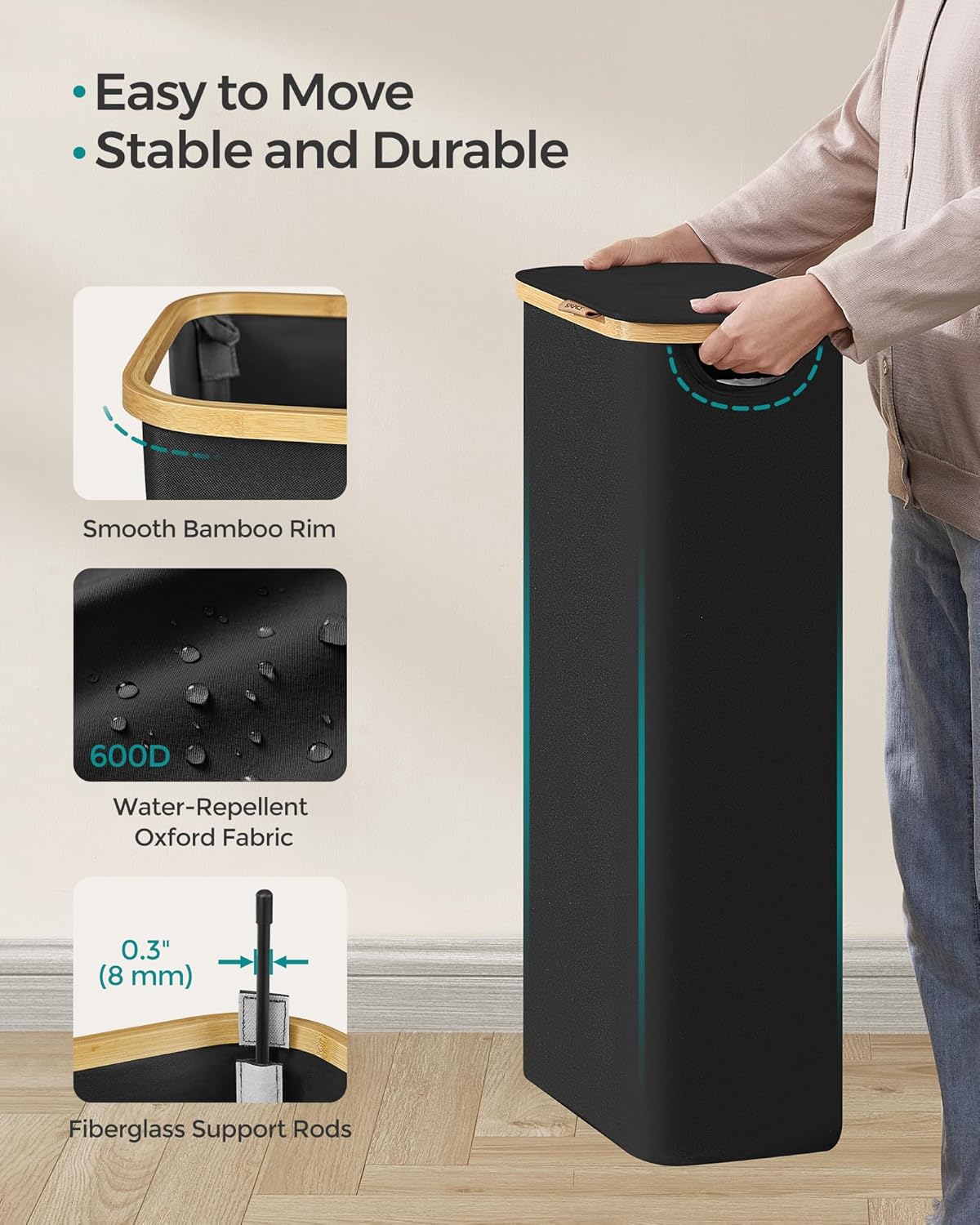 Svart tvättkorg 65 L med lock och innerpåse – 42 × 22,5 × 70,5 cm