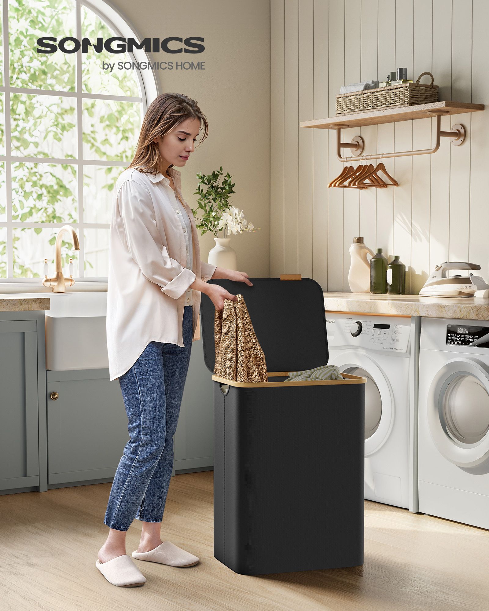 Dubbel tvättkorg med lock 130 L – svart