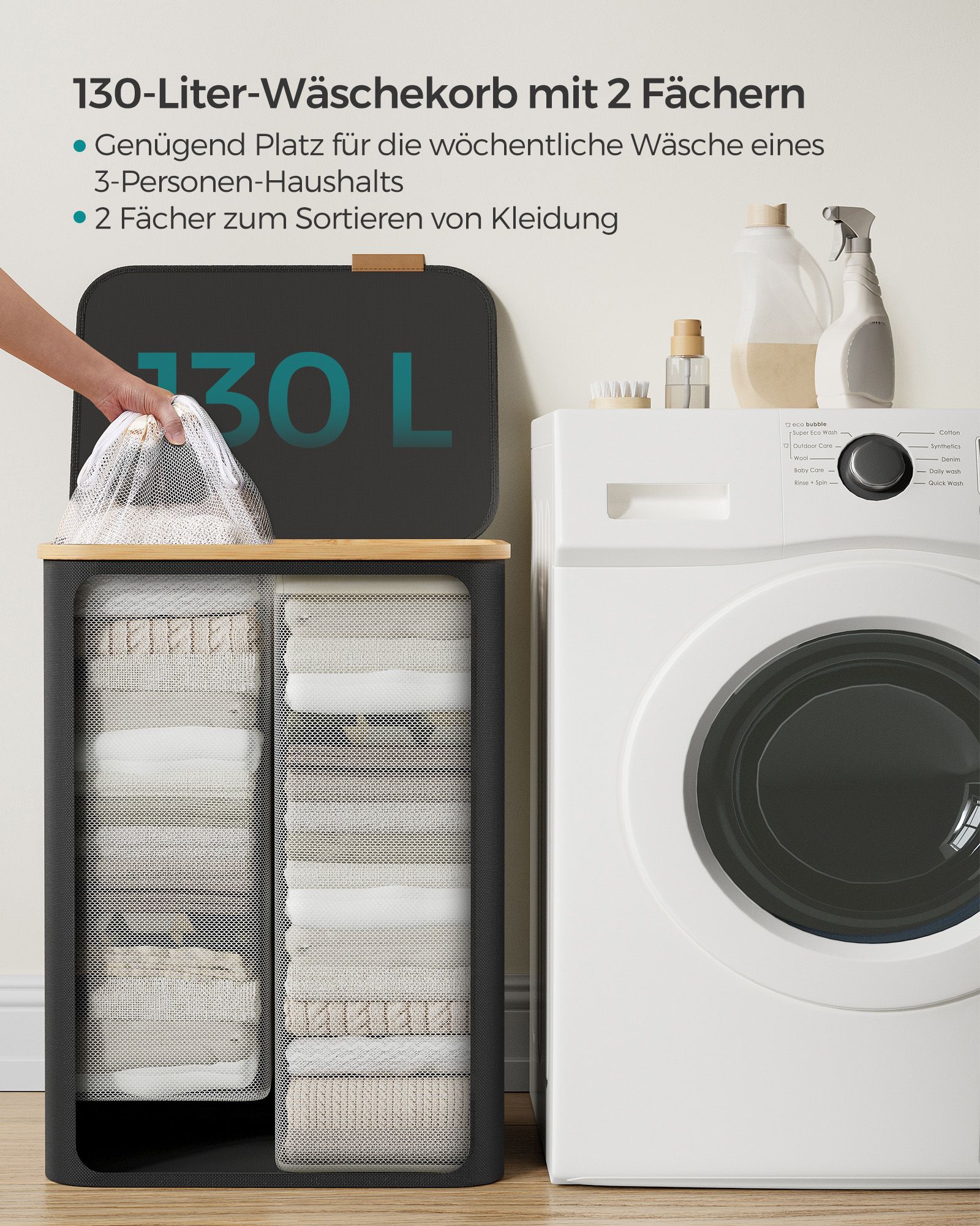 Dubbel tvättkorg med lock 130 L – svart