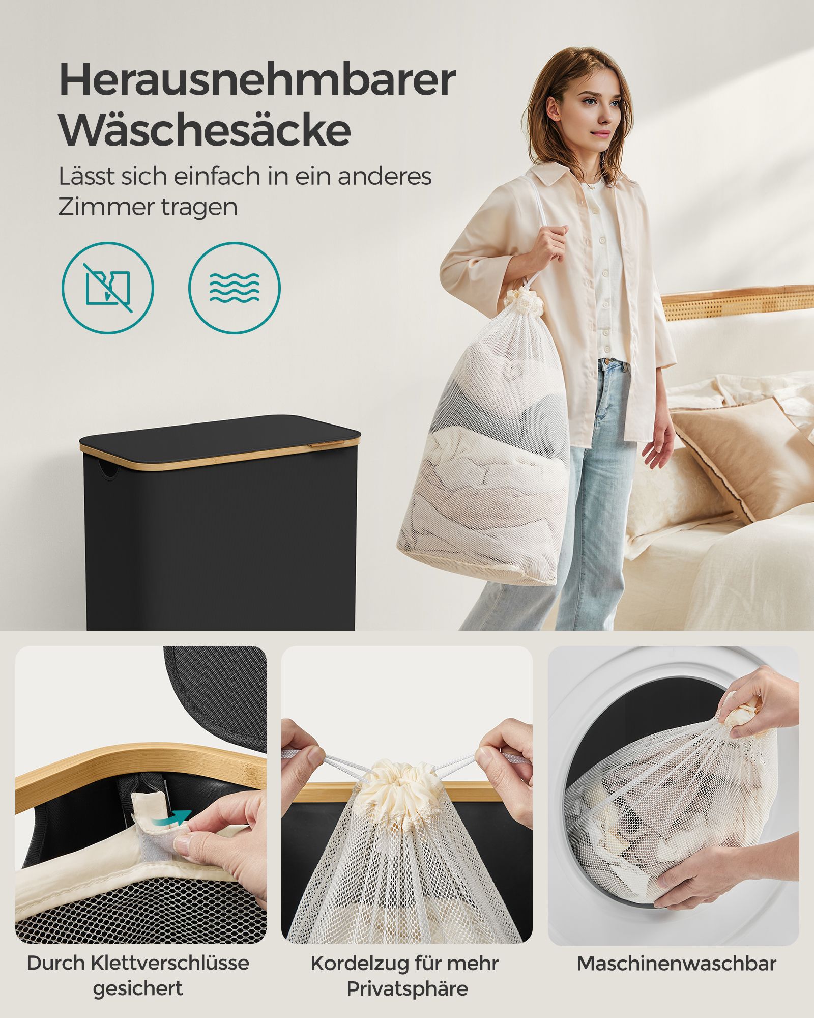 Dubbel tvättkorg med lock 130 L – svart