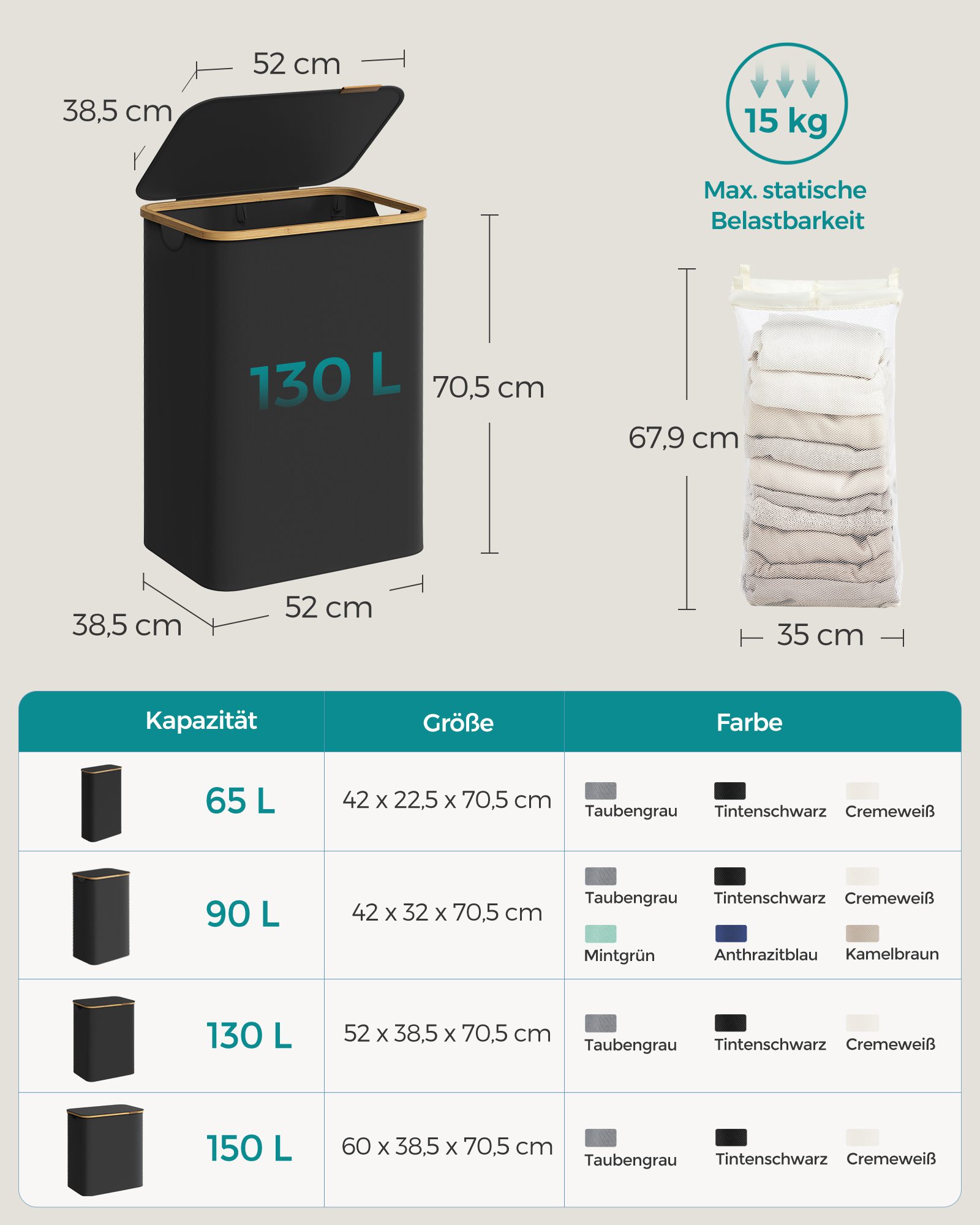 Dubbel tvättkorg med lock 130 L – svart