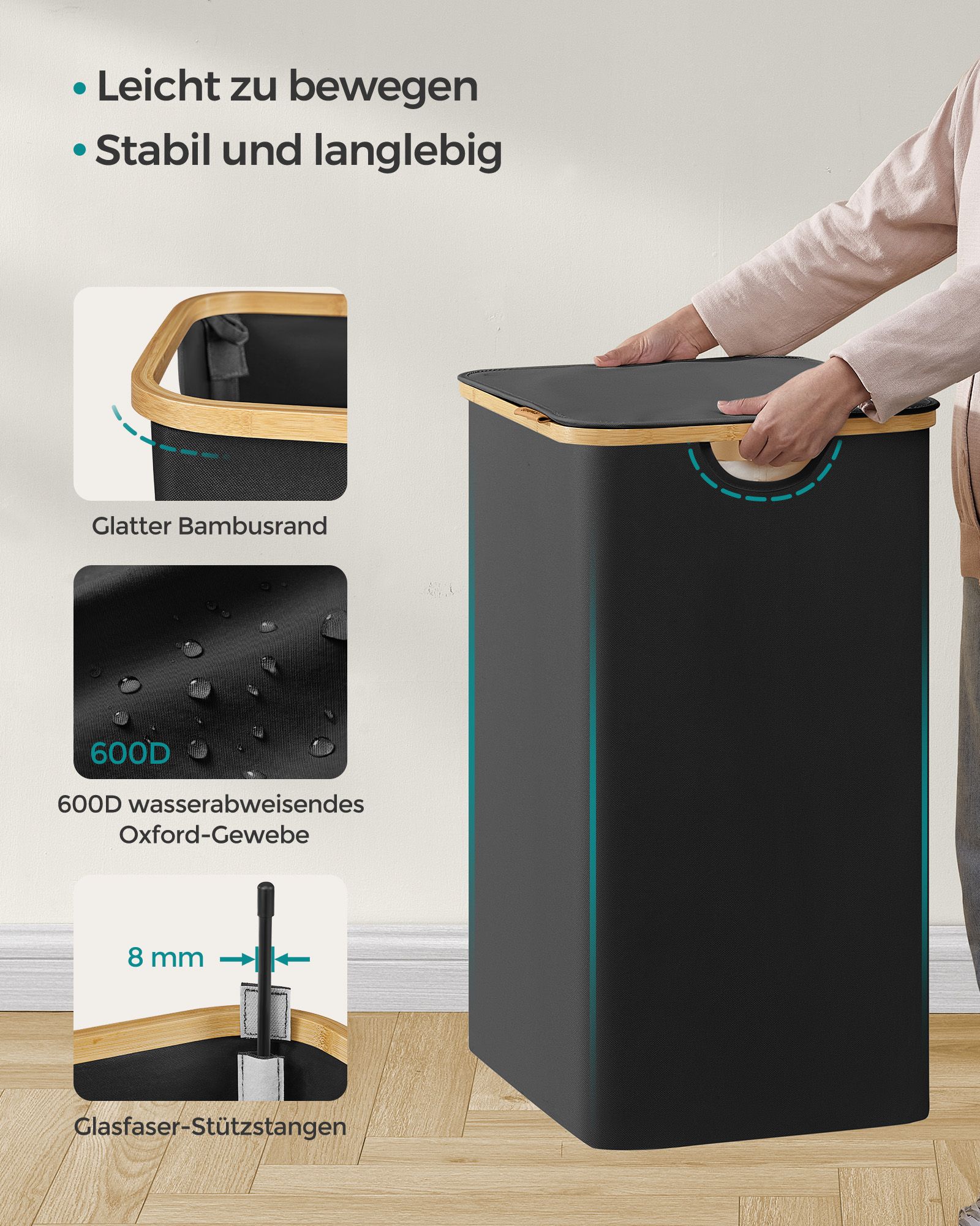 Dubbel tvättkorg med lock 130 L – svart