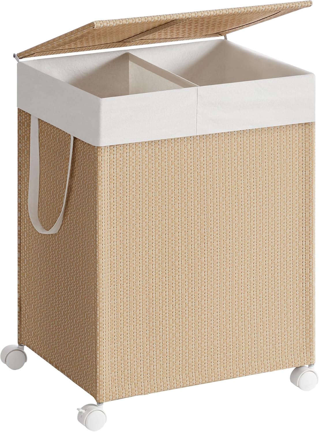 Tvättkorg 100 L med 2 fack, avtagbar tvättpåse och hjul – natur/beige