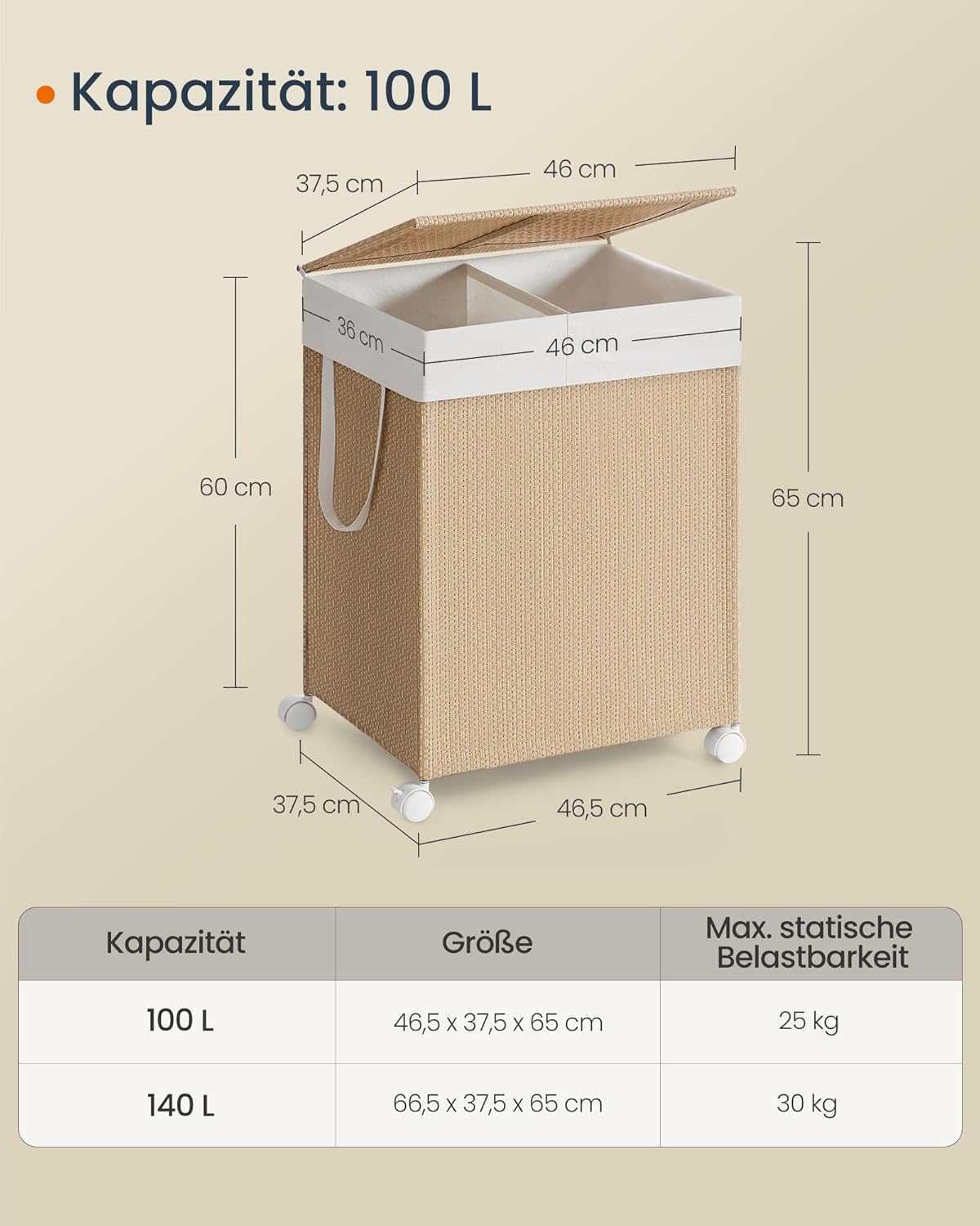 Tvättkorg 100 L med 2 fack, avtagbar tvättpåse och hjul – natur/beige