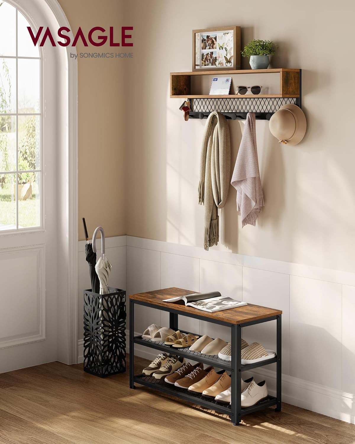 Hallmöbel set i vintage brun – Hatthylla med klädhängare och sittbänk