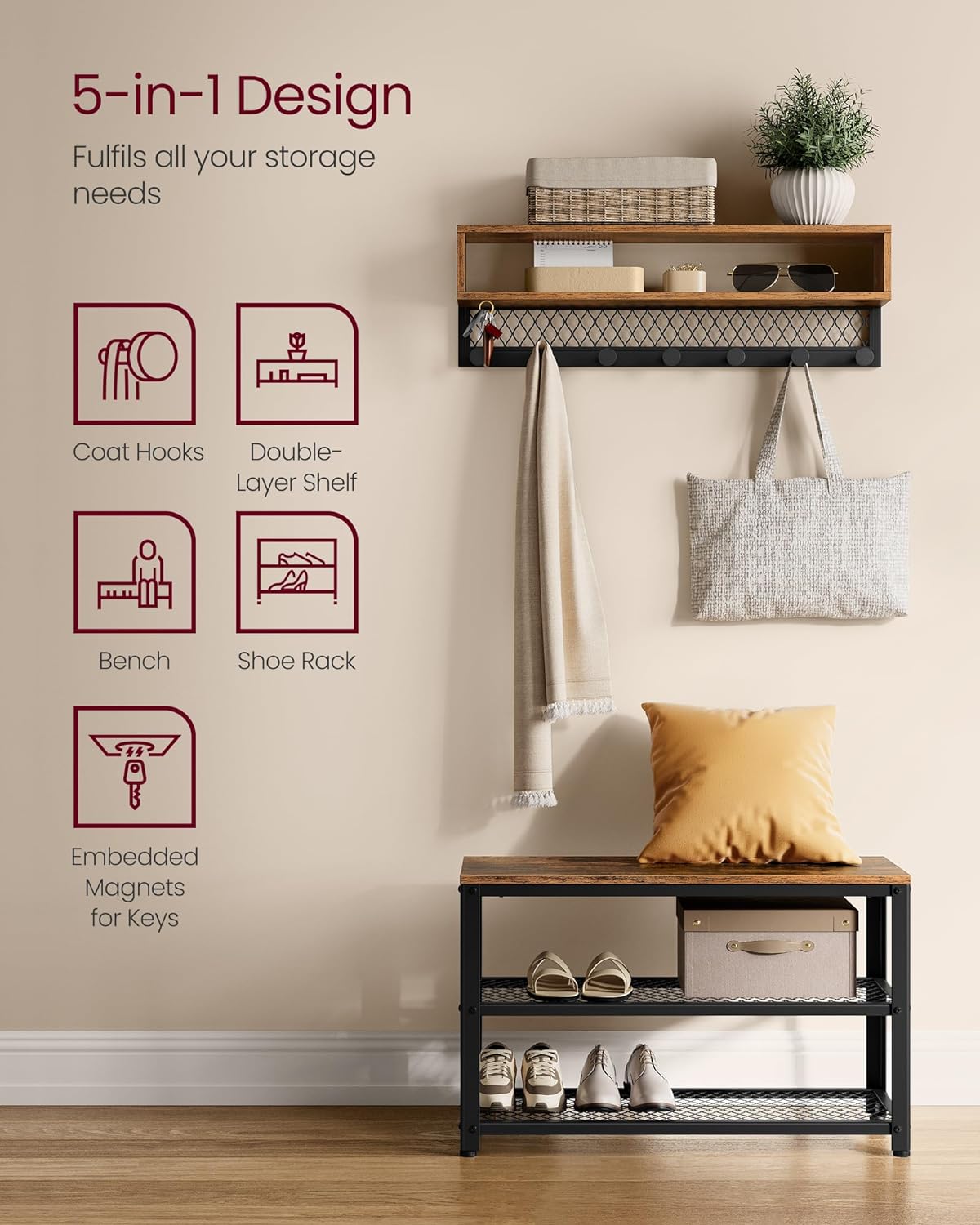 Hallmöbel set i vintage brun – Hatthylla med klädhängare och sittbänk