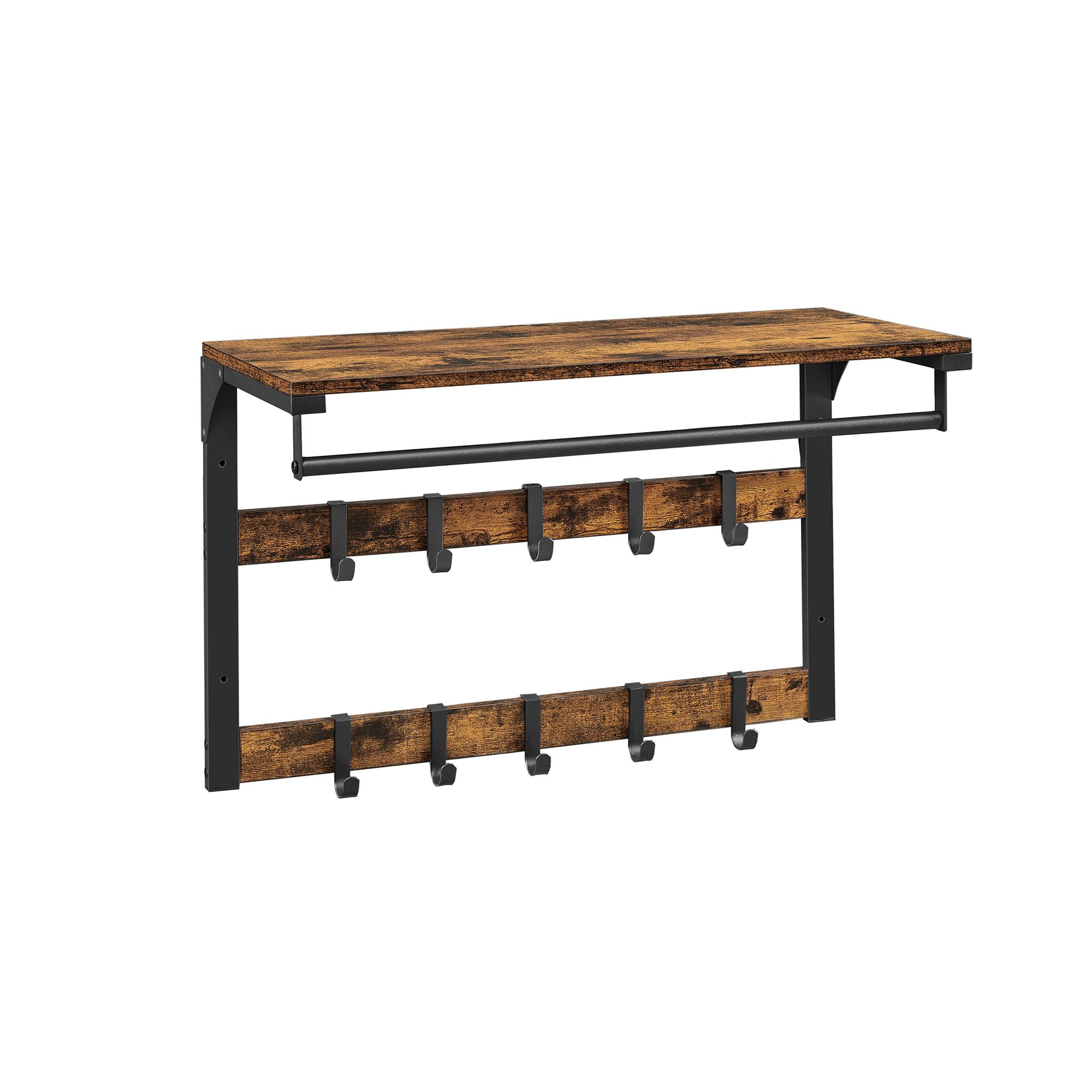 Hatthylla med klädstång och dubbla krokrader – Vintage brun-svart 65 x 30 x 42 cm