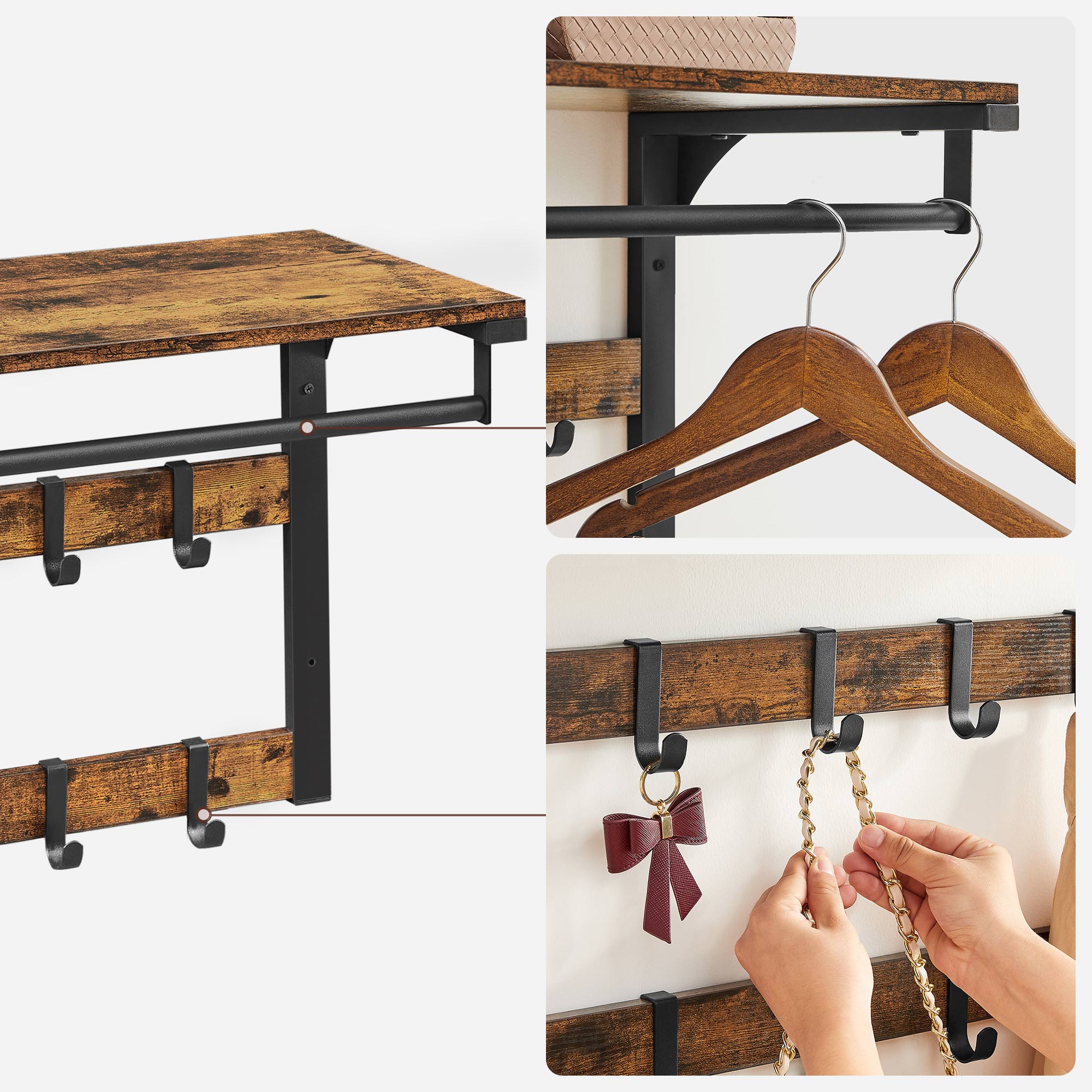 Hatthylla med klädstång och dubbla krokrader – Vintage brun-svart 65 x 30 x 42 cm