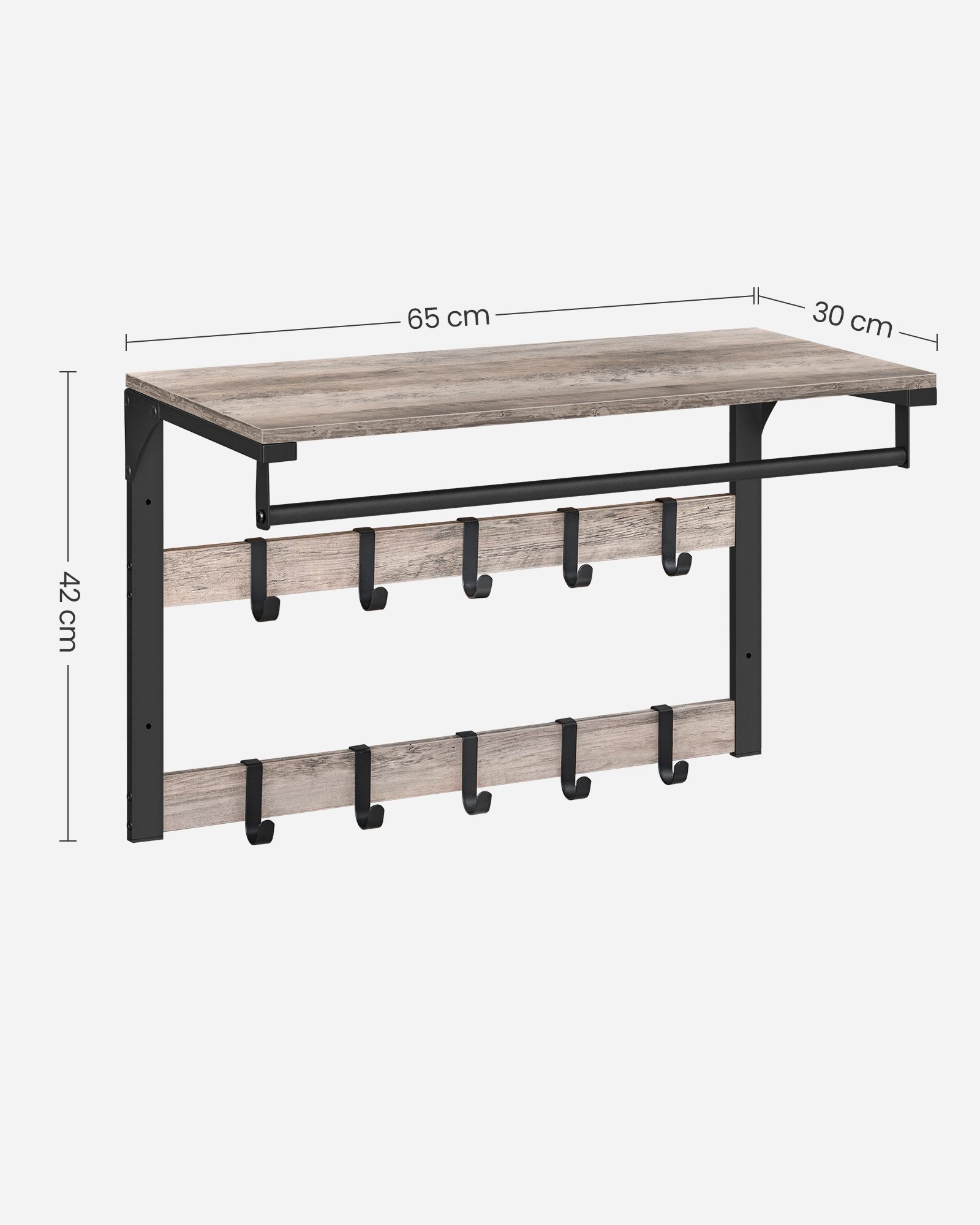 Industriell hatthylla med klädstång och dubbla krokrader, greige, 65 × 30 × 42 cm