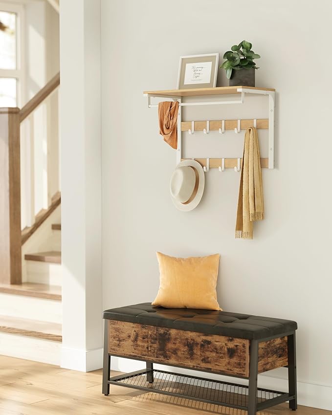 Hatthylla i industriell vit ek – med klädstång och dubbel krokrad, 65 x 30 x 42 cm