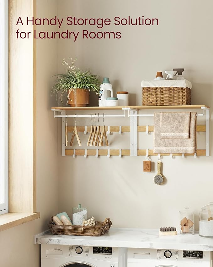 Hatthylla i industriell vit ek – med klädstång och dubbel krokrad, 65 x 30 x 42 cm