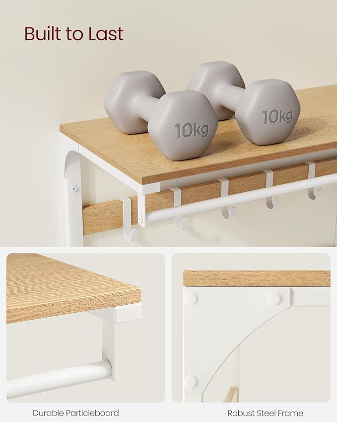 Hatthylla i industriell vit ek – med klädstång och dubbel krokrad, 65 x 30 x 42 cm