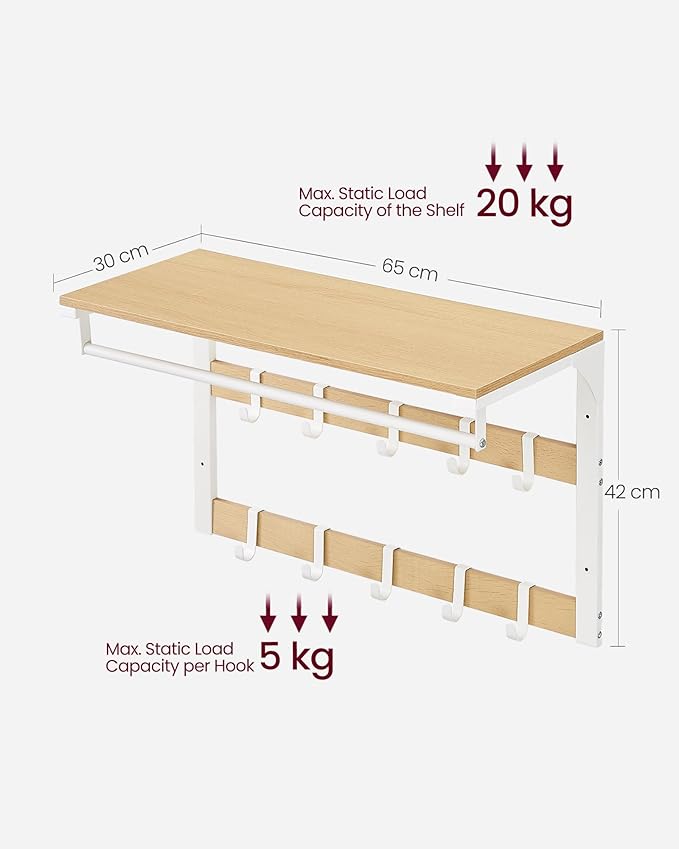 Hatthylla i industriell vit ek – med klädstång och dubbel krokrad, 65 x 30 x 42 cm