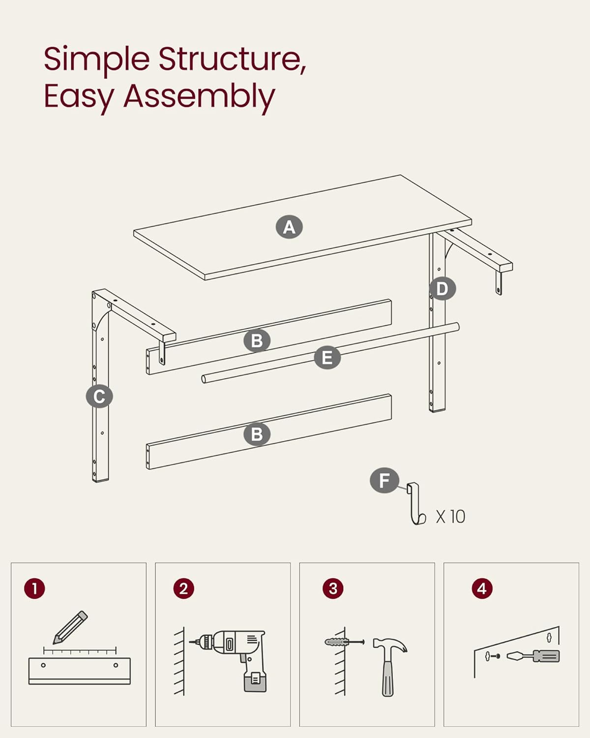 Hatthylla i industriell vit ek – med klädstång och dubbel krokrad, 65 x 30 x 42 cm