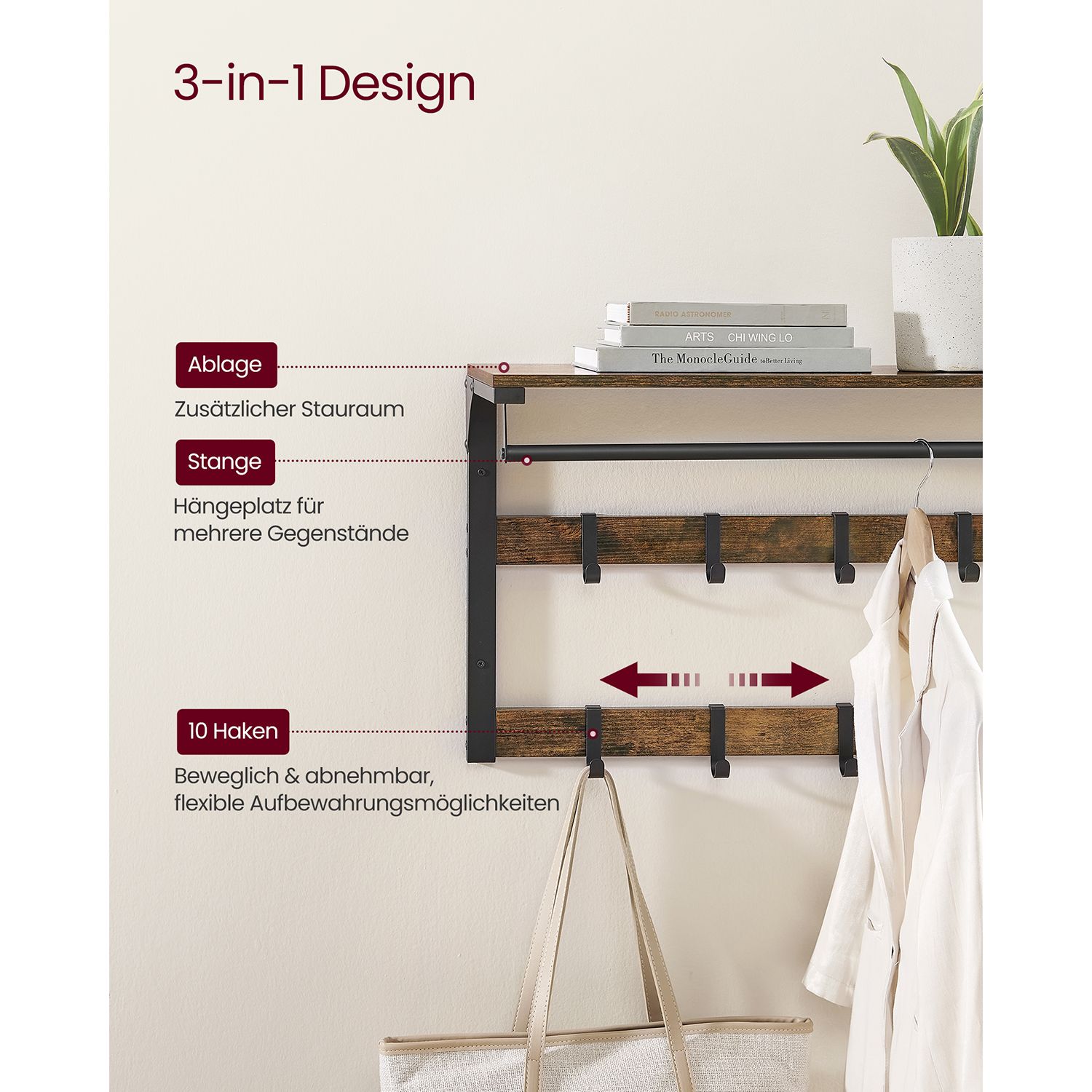 Hatthylla i vintagebrun med klädstång och 10 krokar (30 × 80 × 42 cm)