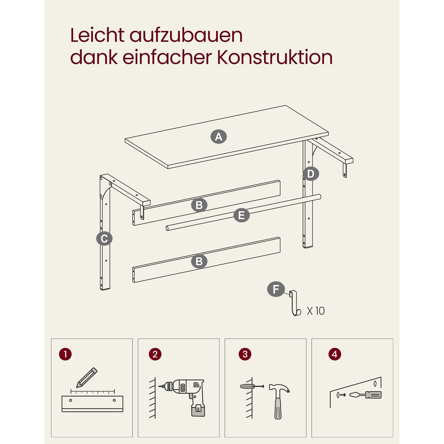 Hatthylla i vintagebrun med klädstång och 10 krokar (30 × 80 × 42 cm)