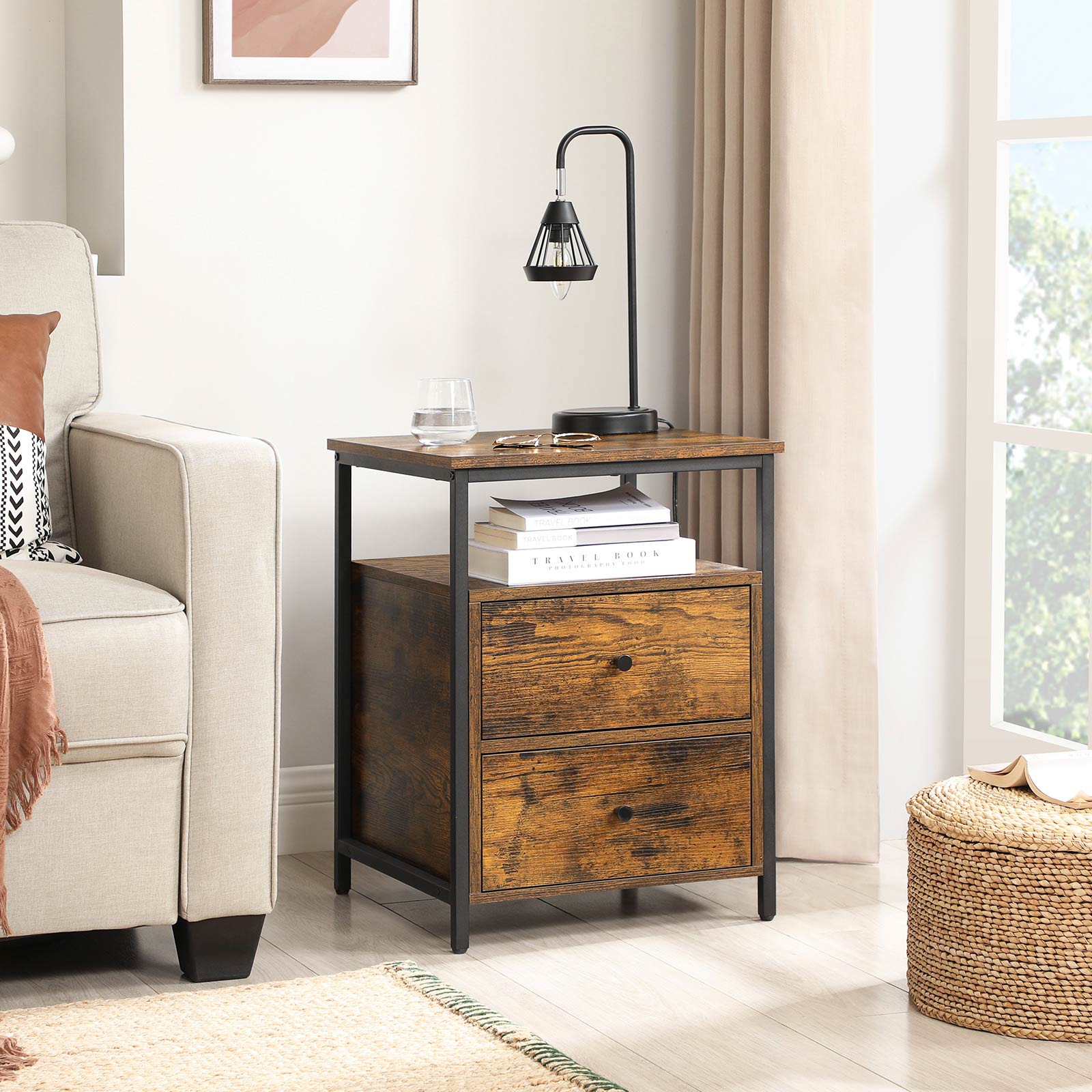 Sängbord i industriell design – 2 lådor, vintage brun-svart