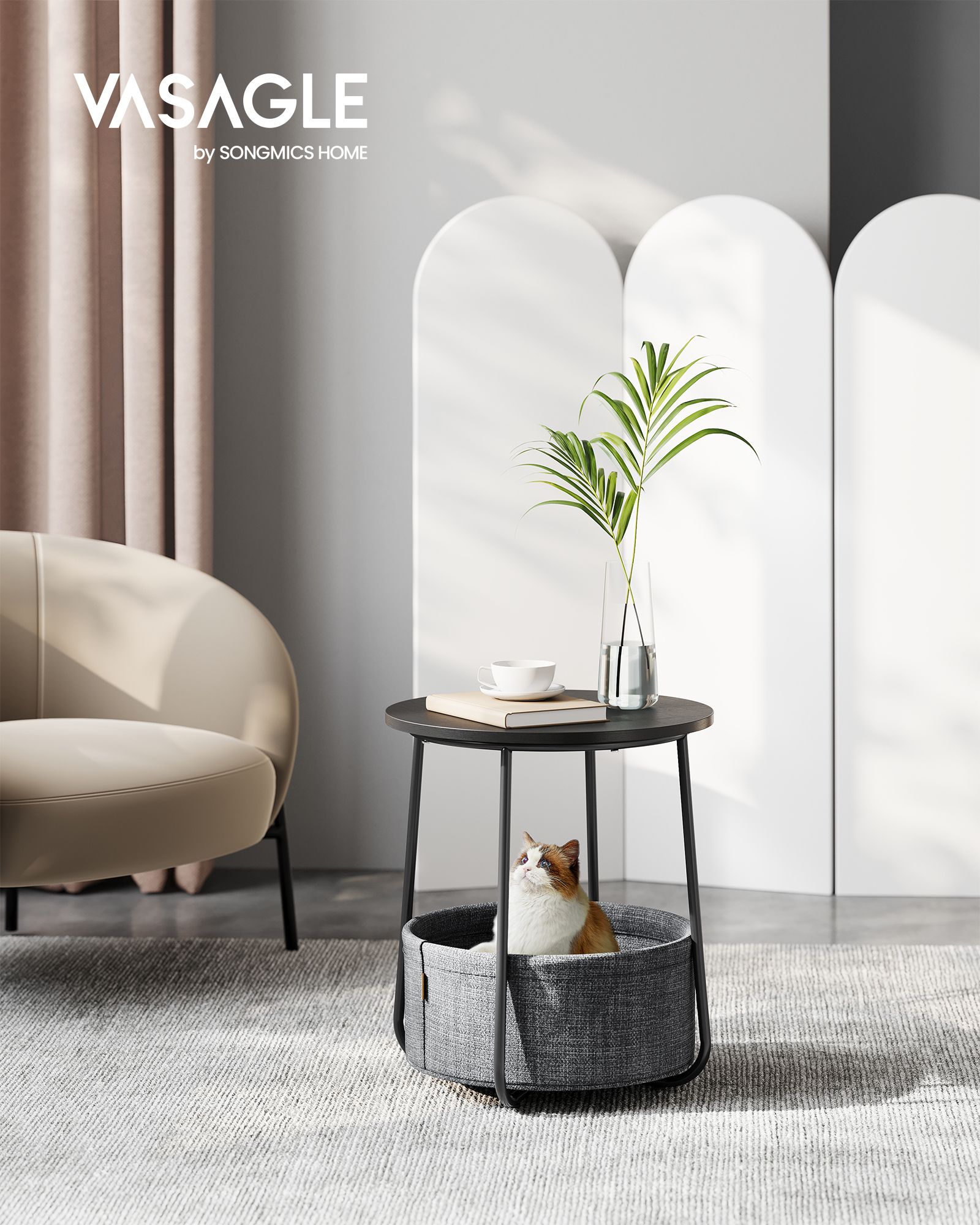 Rundt sängbord med tygkorg – 50 cm, svart