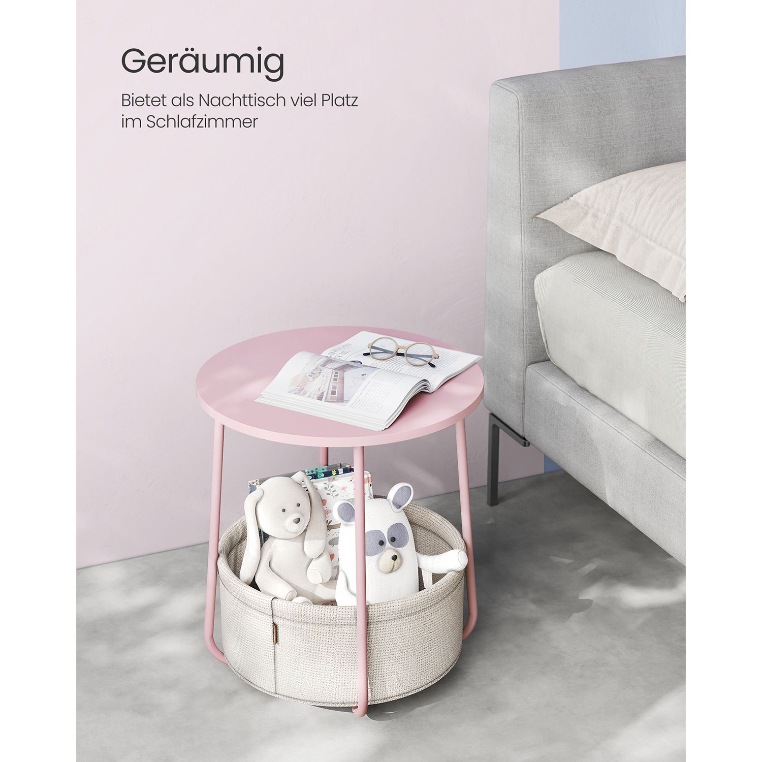 Sidobord med rund topp och tygförvaring, 50 cm, pastellrosa/off-white