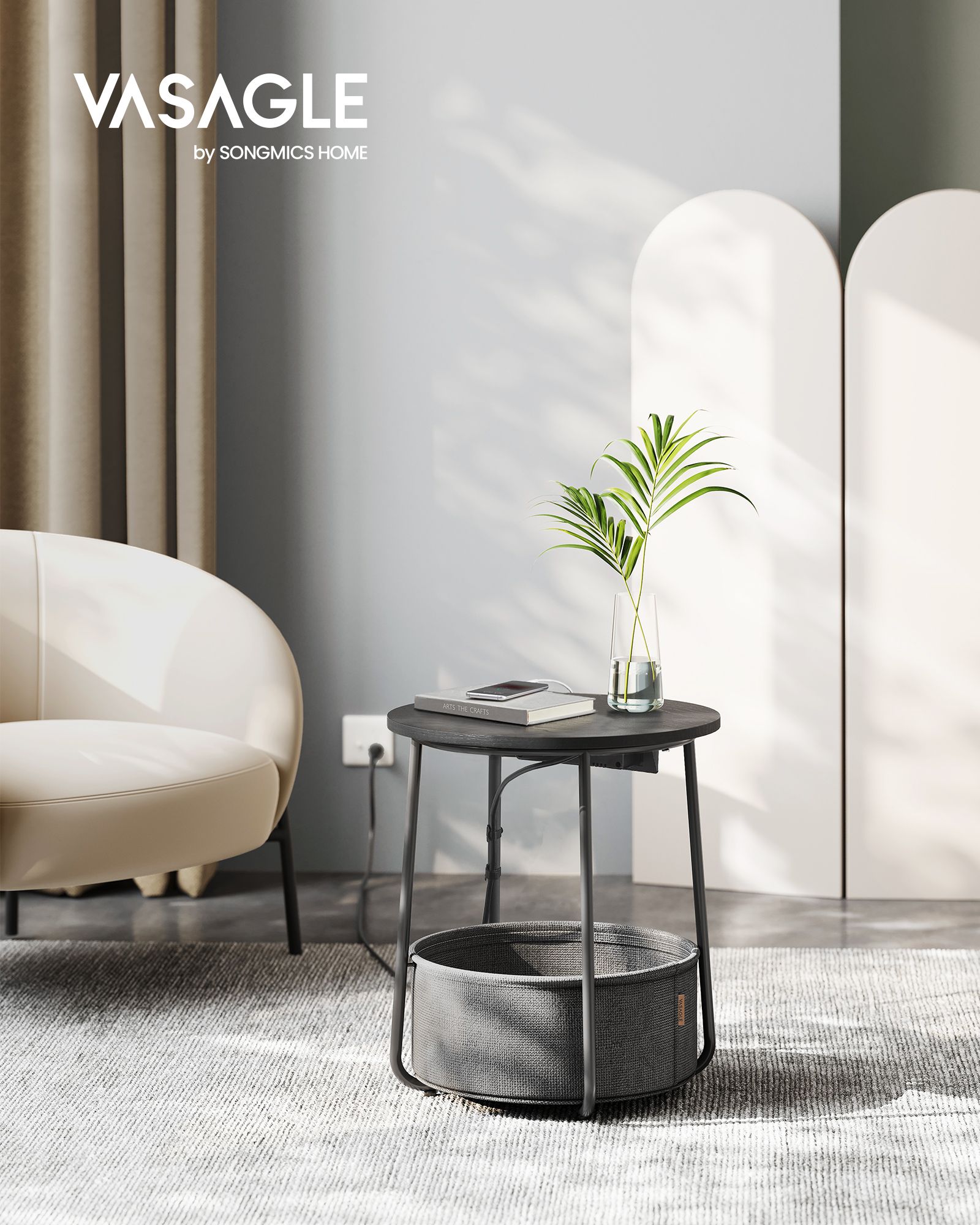 Runt nattduksbord/sidobord med eluttag, USB-laddare och tygkorg – 45 cm, svart/grå