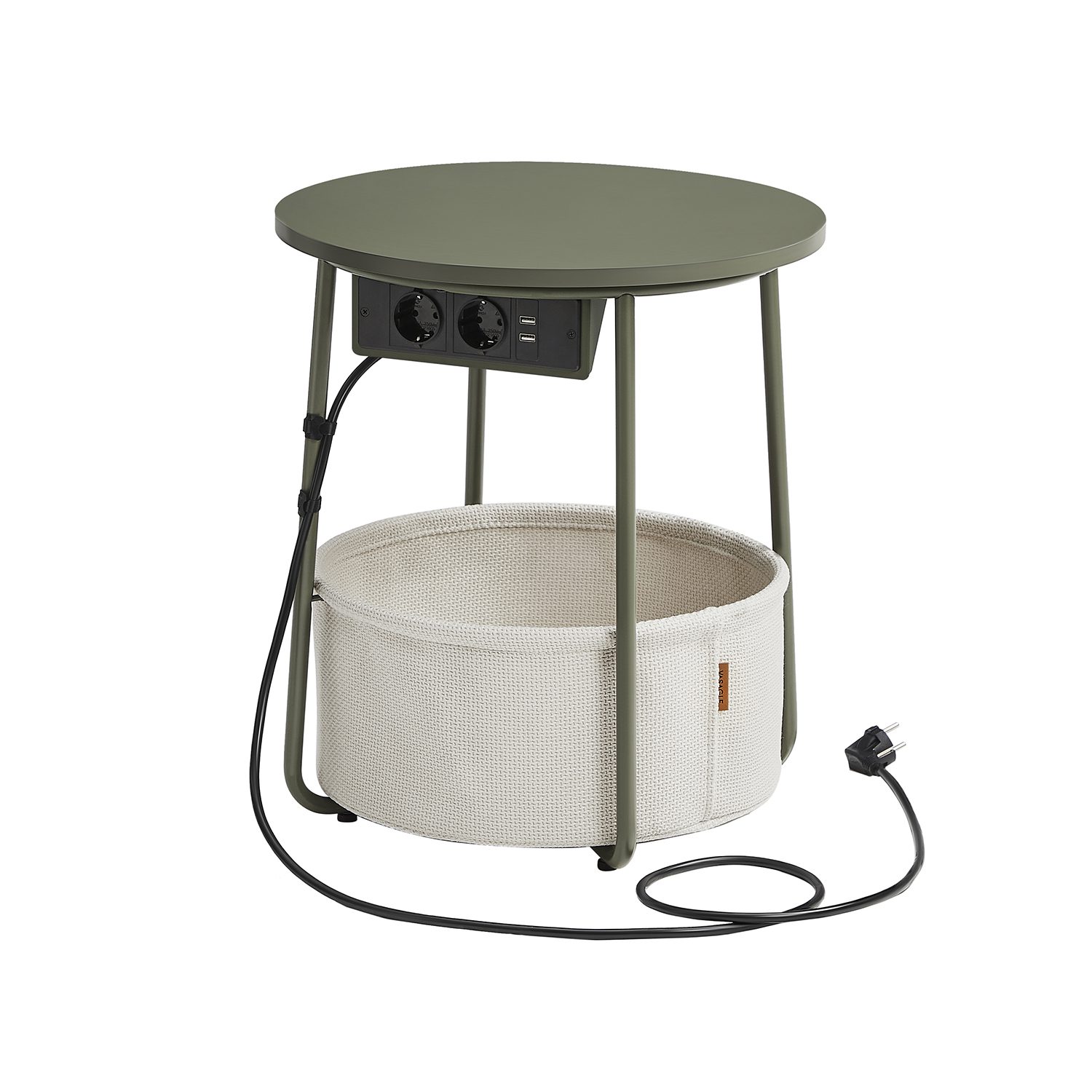 Runt nattduksbord/sidobord med eluttag, USB-laddare och tygkorg – 45 cm, grön/gräddvit