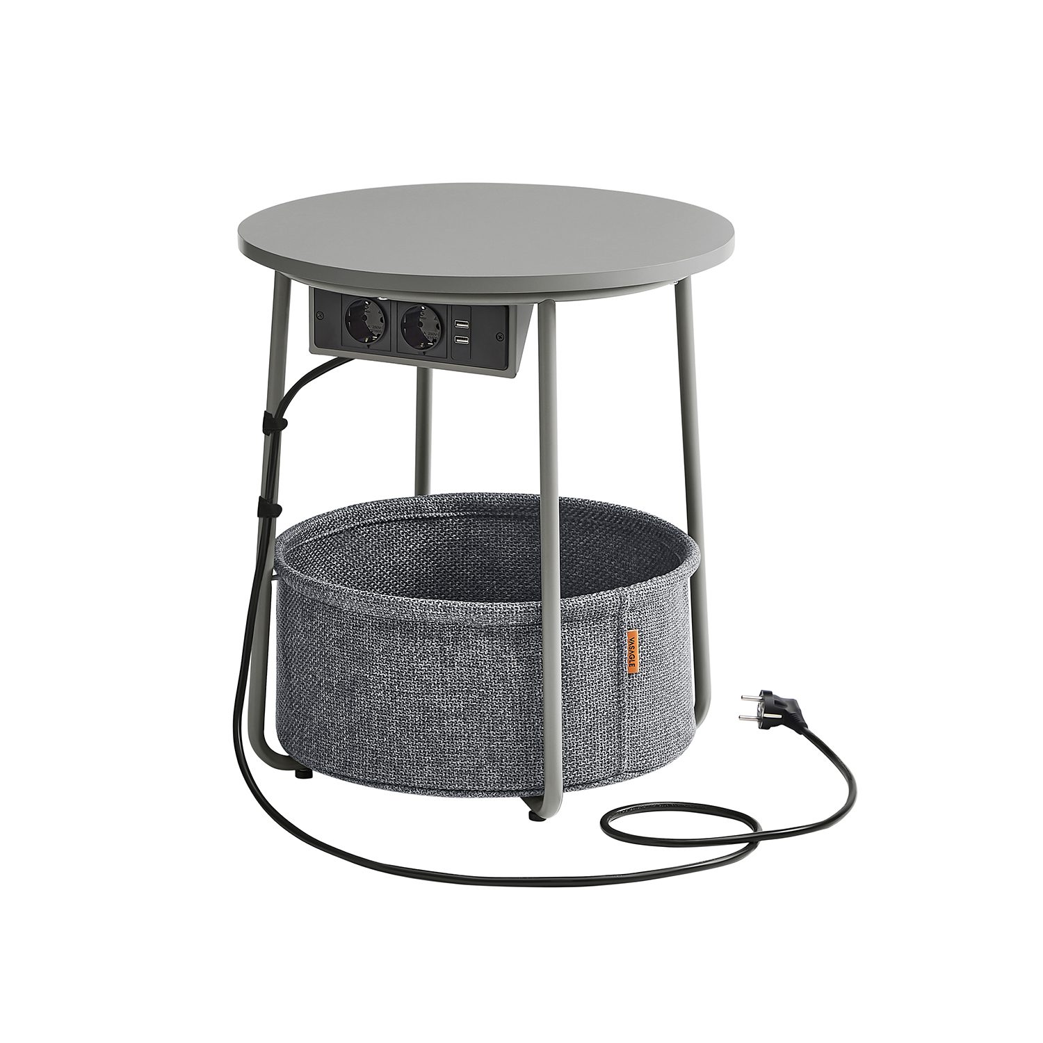 Runt nattduksbord/sidobord med eluttag, USB-laddare och tygkorg – 45 cm, grå