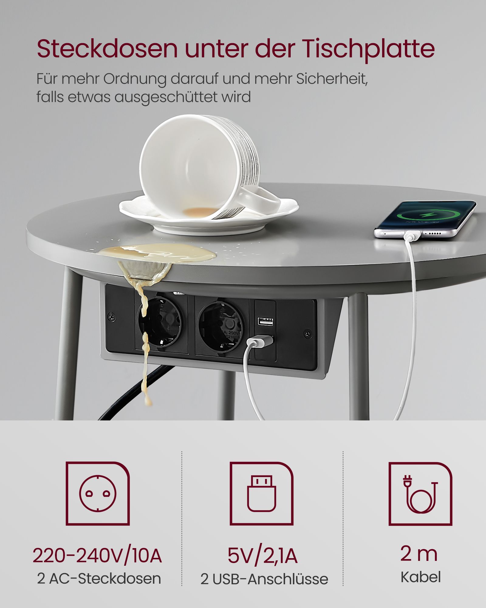 Runt nattduksbord/sidobord med eluttag, USB-laddare och tygkorg – 45 cm, grå