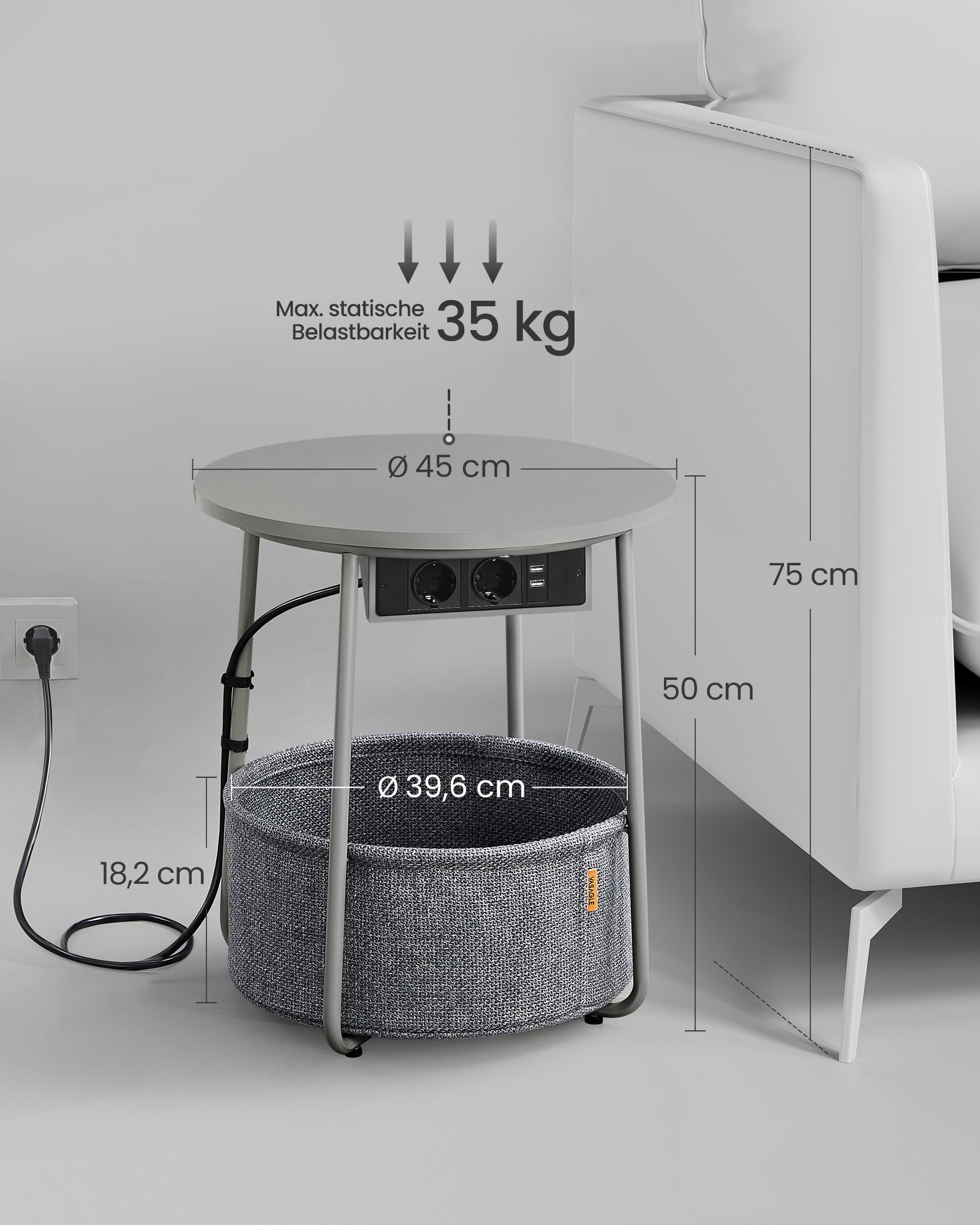 Runt nattduksbord/sidobord med eluttag, USB-laddare och tygkorg – 45 cm, grå