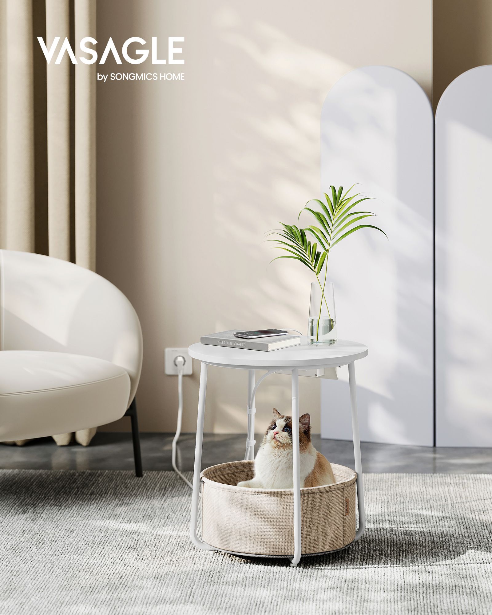 Runt nattduksbord/sidobord med eluttag, USB-laddare och tygkorg – 45 cm, vit/beige