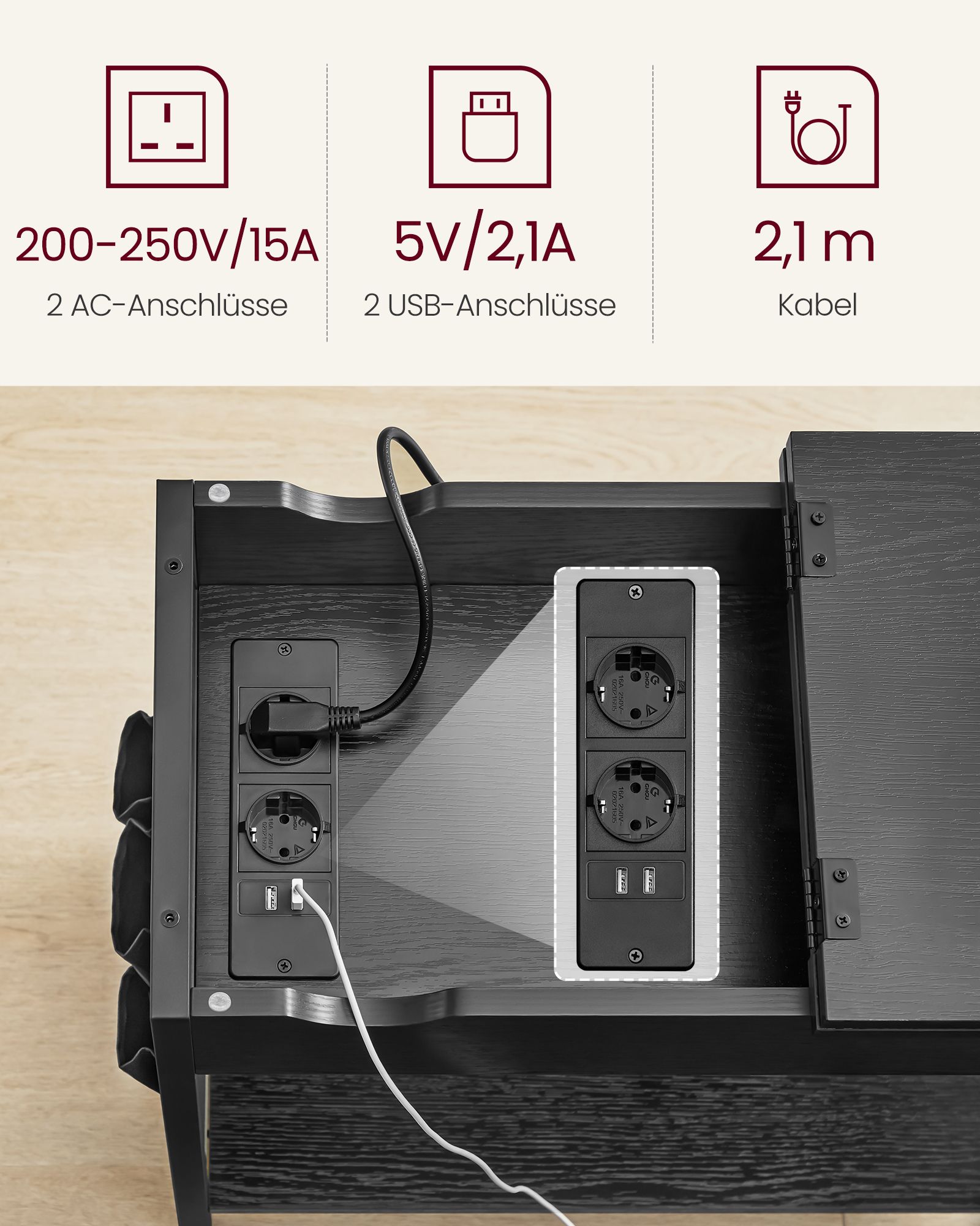 Sängbord med inbyggt eluttag och USB – med förvaringsficka, 31,5 × 60 × 60 cm
