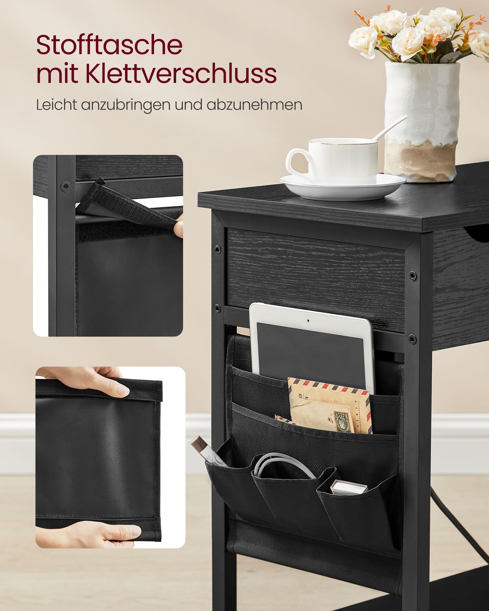 Sängbord med inbyggt eluttag och USB – med förvaringsficka, 31,5 × 60 × 60 cm