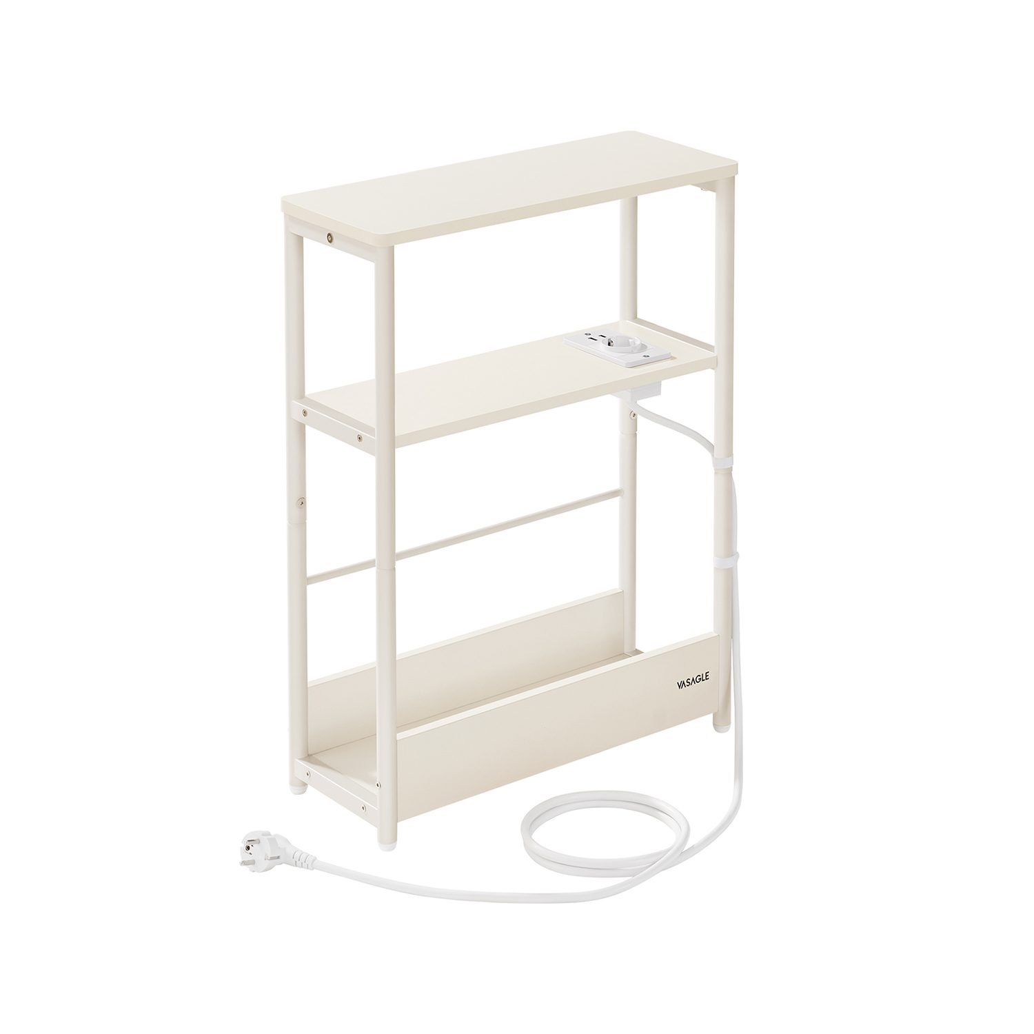 Smalt sidobord med inbyggt grenuttag – 18 x 45 x 58 cm krämvit