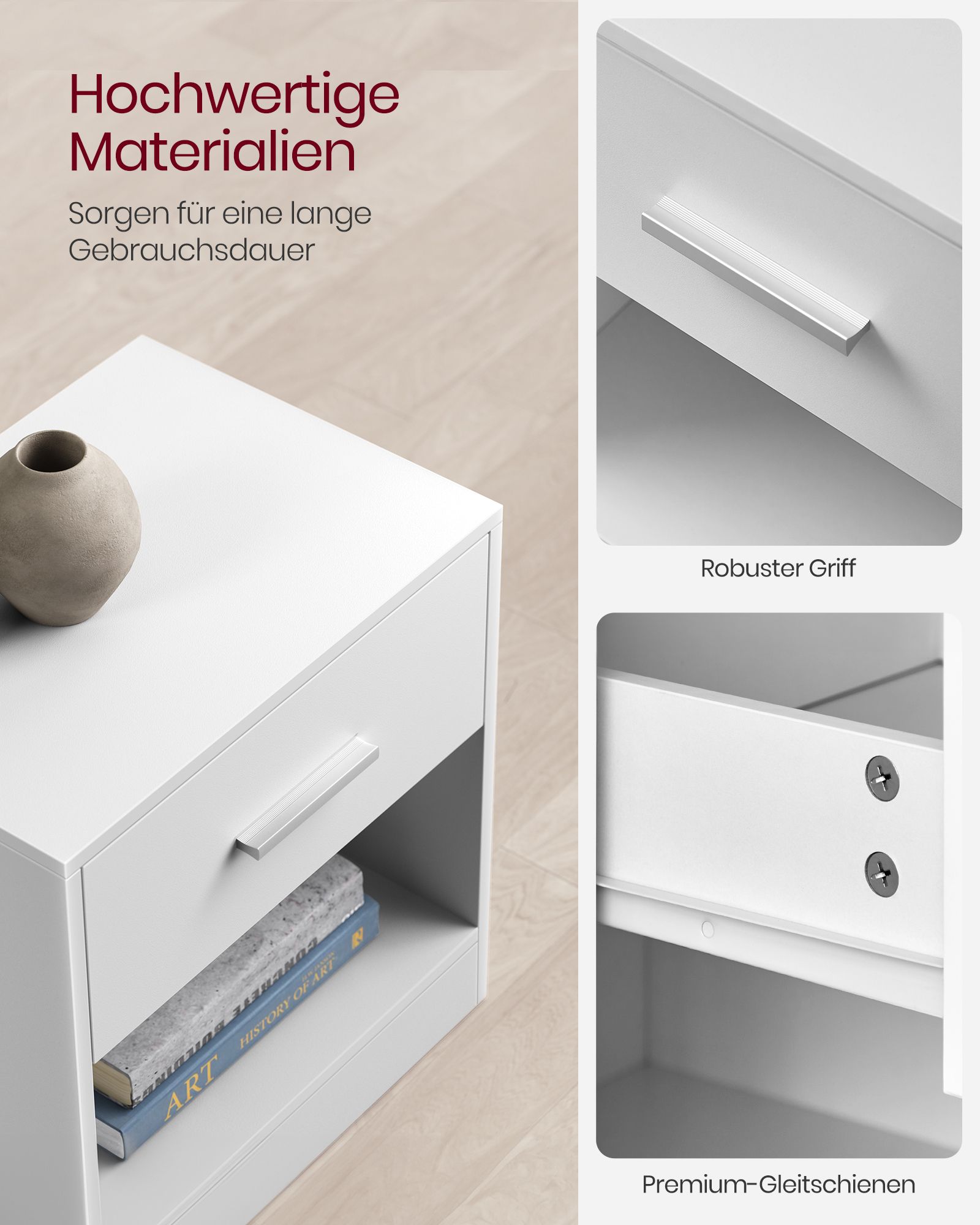 Sängbord med låda, vitt, 28 × 39 × 41 cm