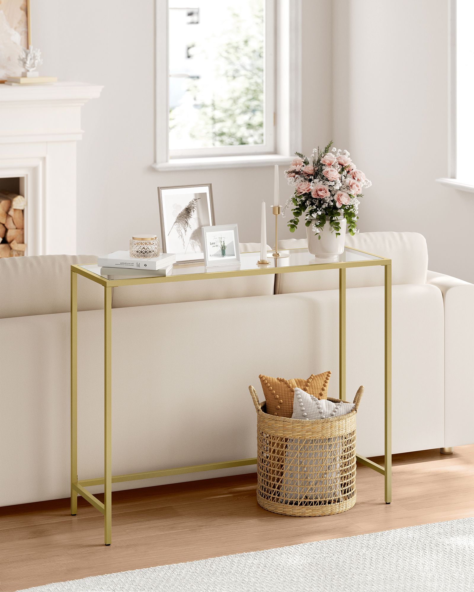 Elegant konsolbord med glas och guldfinish, 100 x 20 x 80 cm