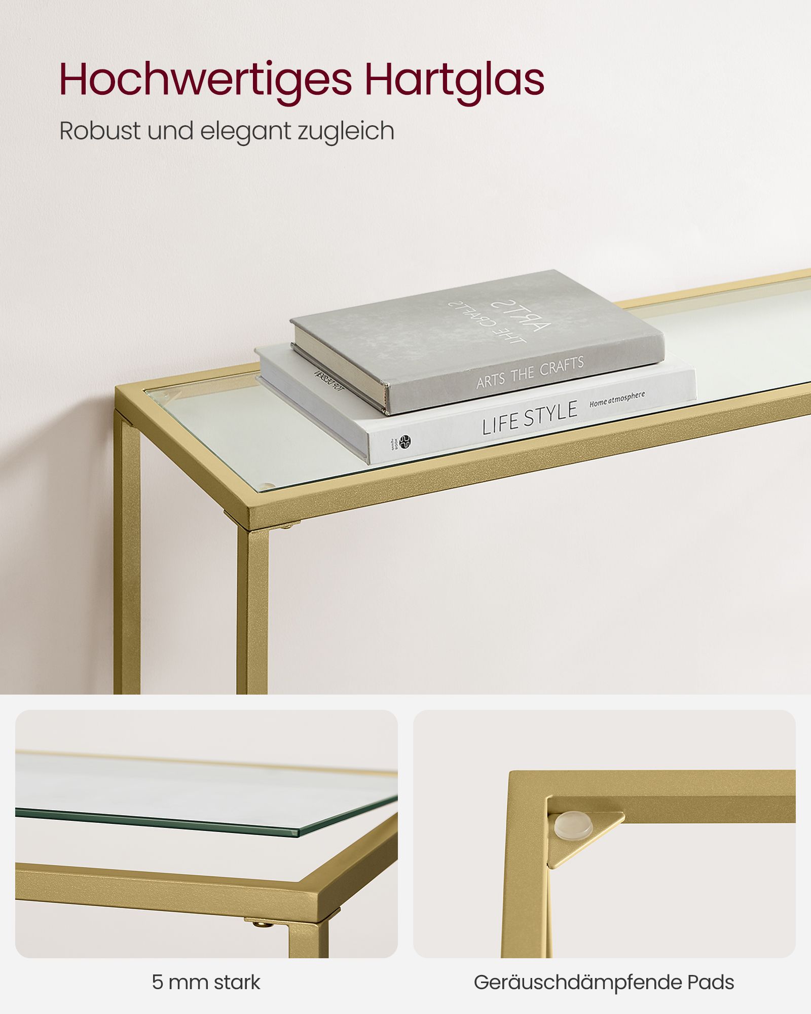 Elegant konsolbord med glas och guldfinish, 100 x 20 x 80 cm